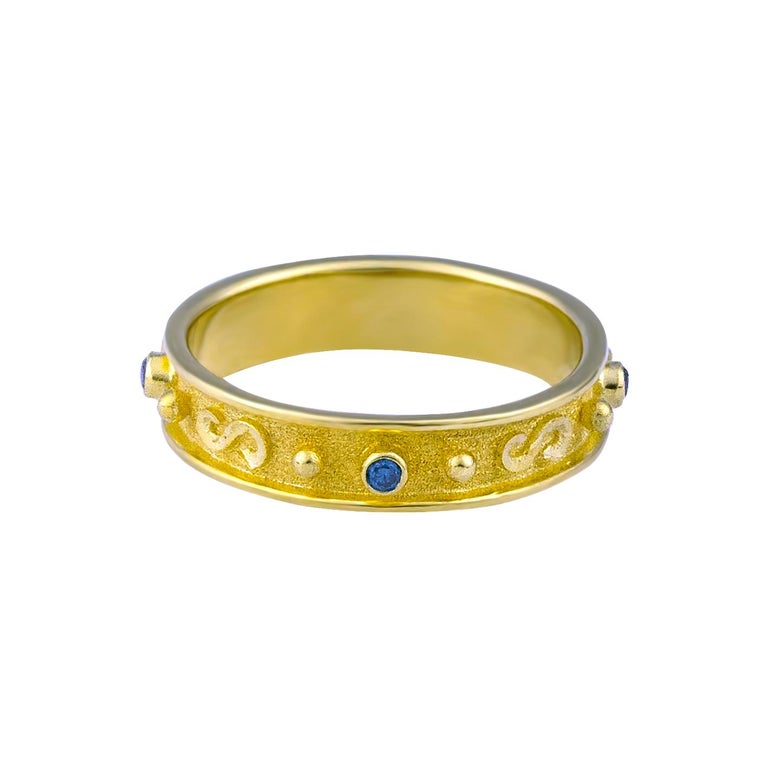 Byzantine Georgios Collections 18 Karat Yellow Gold Blue Diamond Band Granulation Ring For Sale