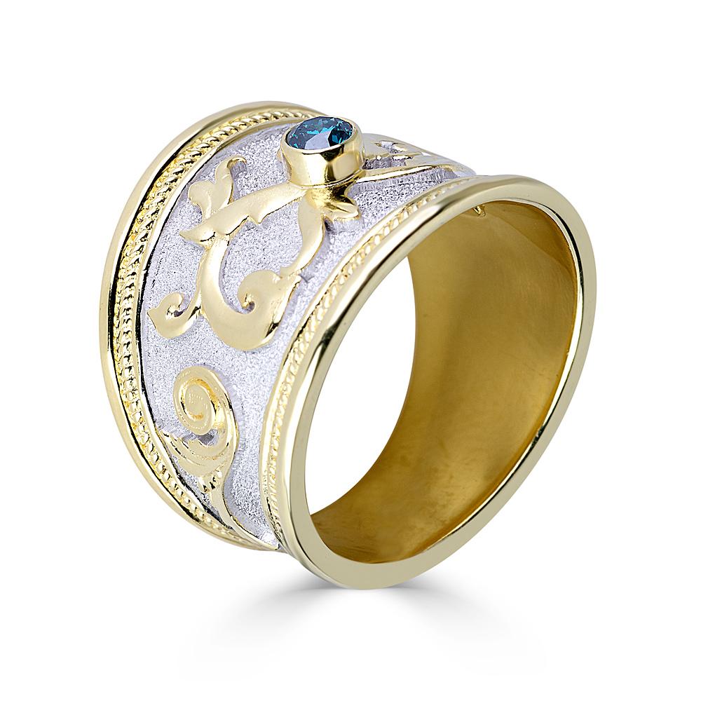 Byzantine Georgios Collections 18 Karat Yellow Gold Blue Diamond White Rhodium Wide Ring For Sale