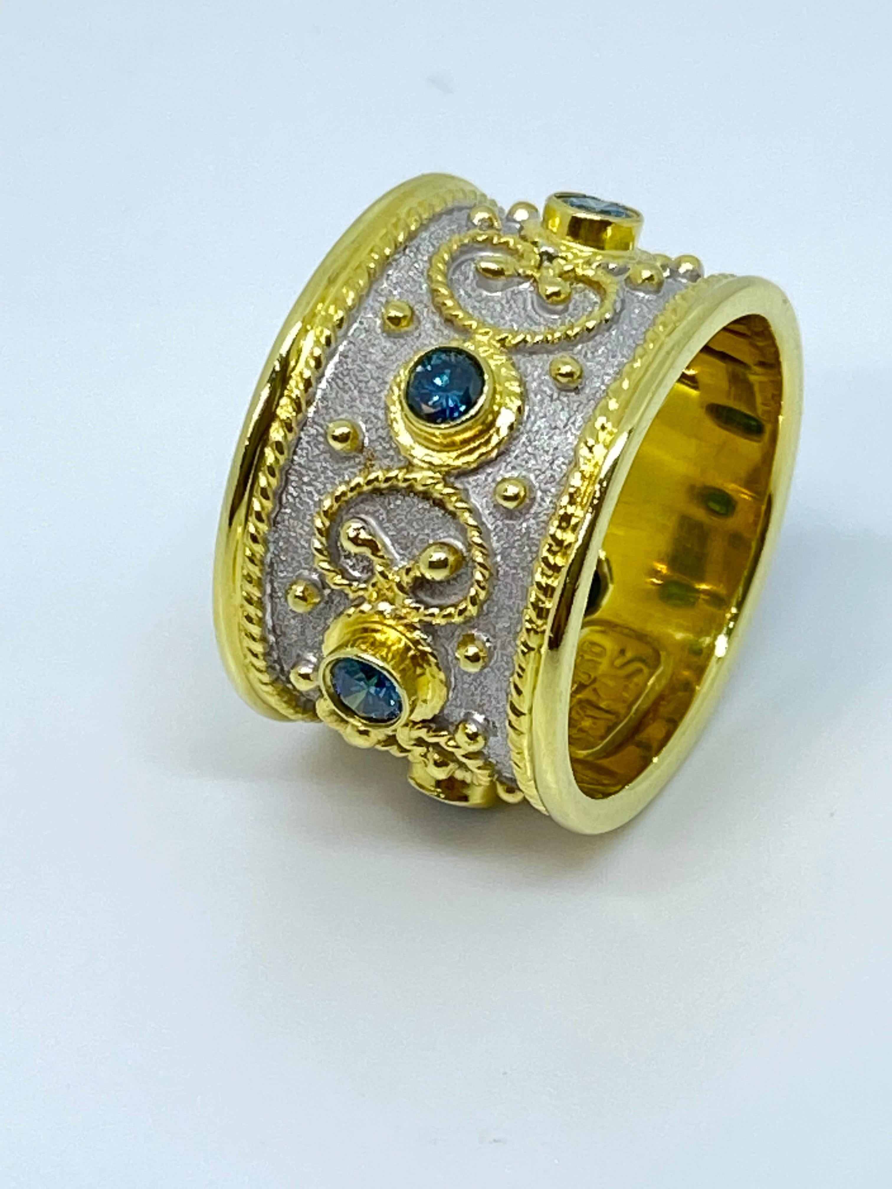 Georgios Kollektionen 18 Karat Gelbgold Blauer Diamant Zweifarbiger breiter Bandring im Angebot 4