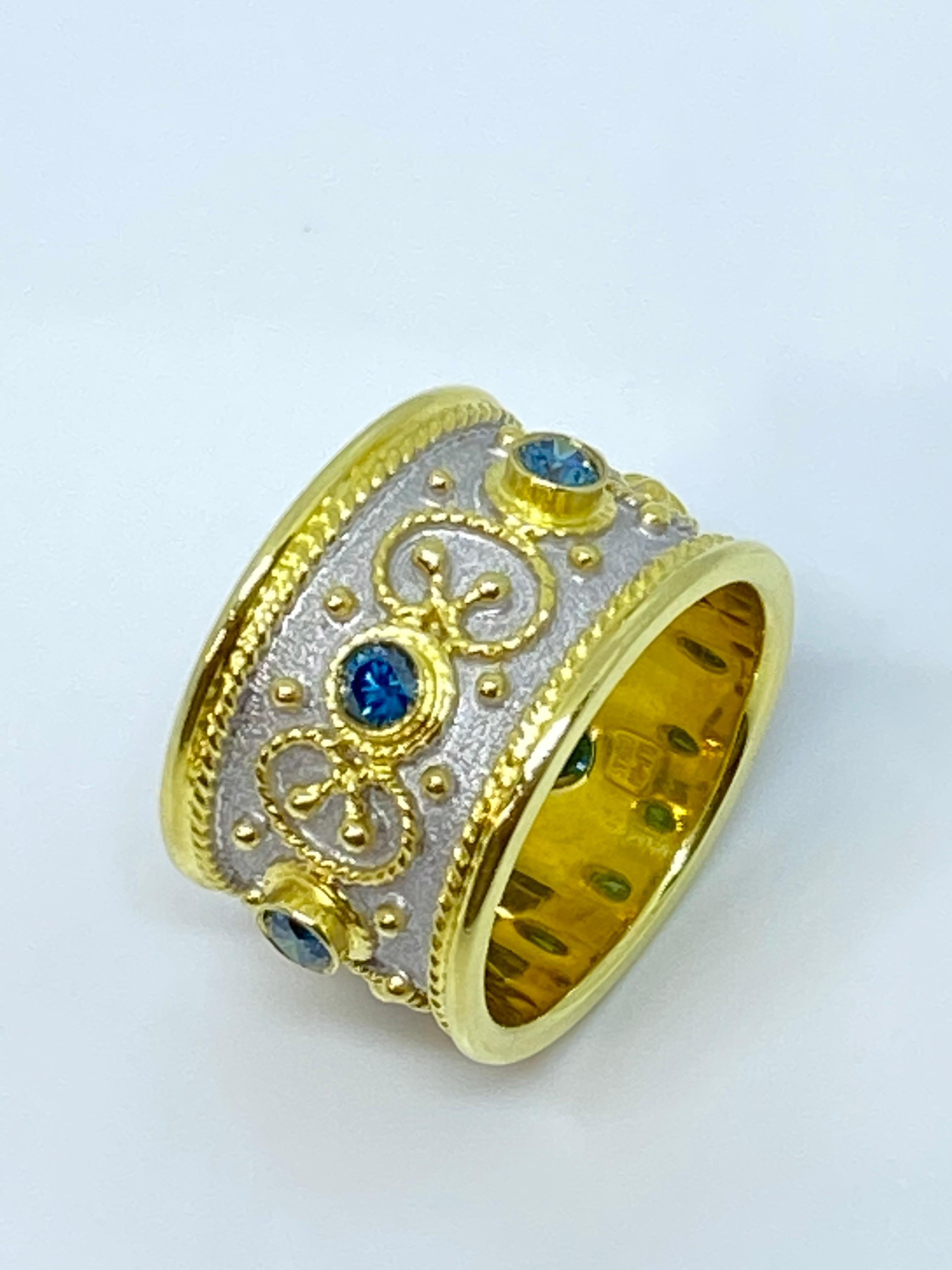 Round Cut Georgios Collections 18 Karat Yellow Gold Blue Diamond Two-Tone Wide Band Ring For Sale