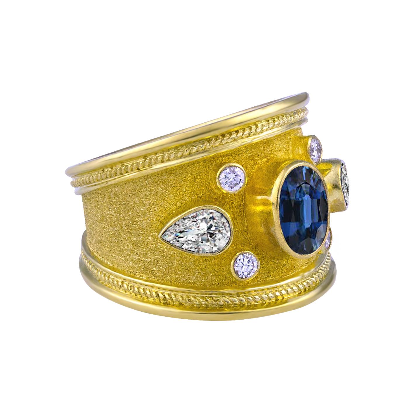 Byzantine Georgios Collections 18 Karat Yellow Gold Blue Sapphire and Pear Diamond Ring For Sale