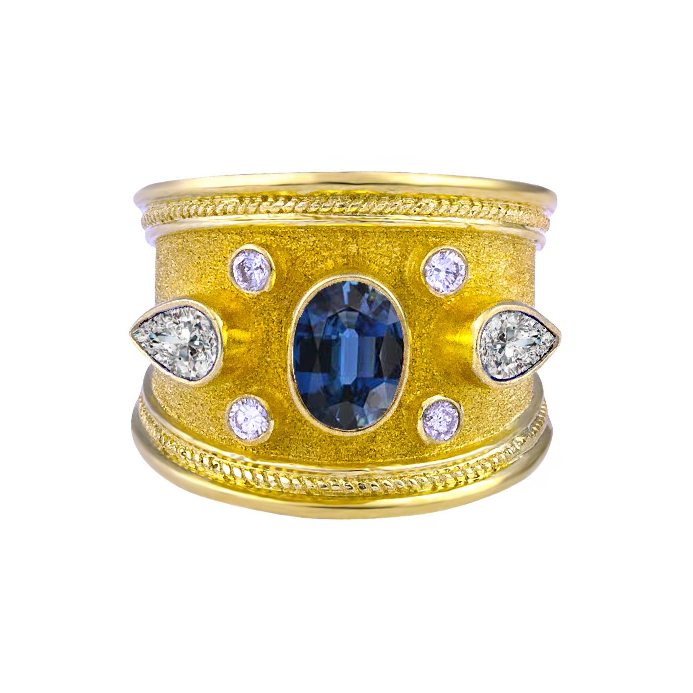 Georgios Collections 18 Karat Yellow Gold Blue Sapphire and Pear Diamond Ring In New Condition For Sale In Astoria, NY