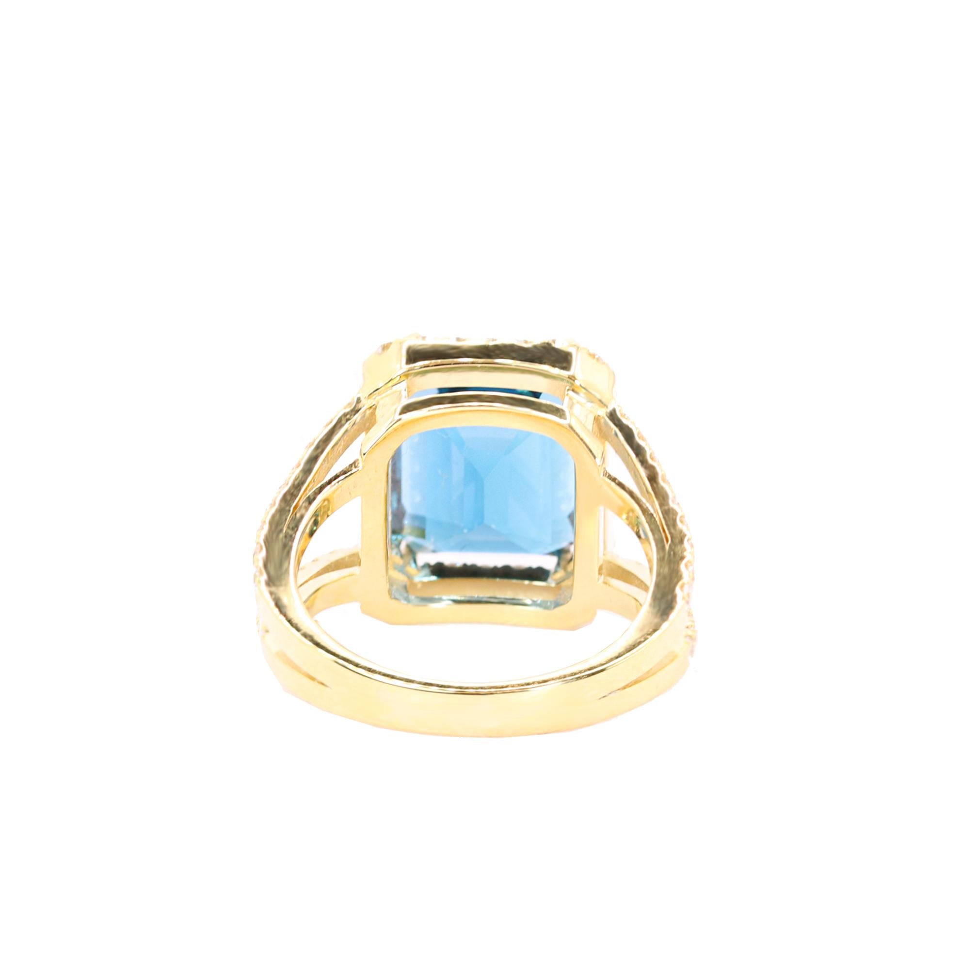 Emerald Cut Georgios Collections 18 Karat Yellow Gold Blue Topaz Ring with Diamonds For Sale