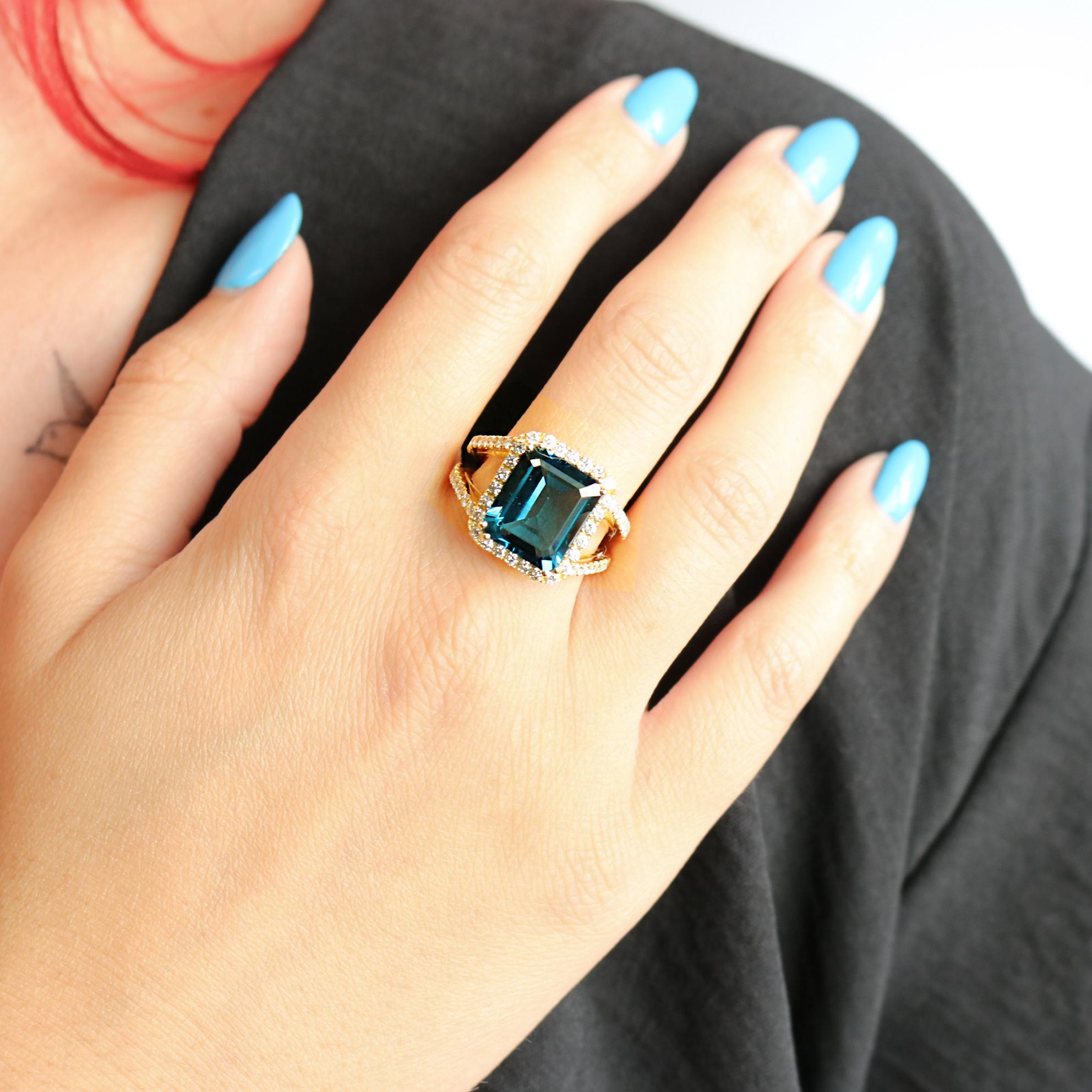 Georgios Collections 18 Karat Yellow Gold Blue Topaz Ring with Diamonds For Sale 3