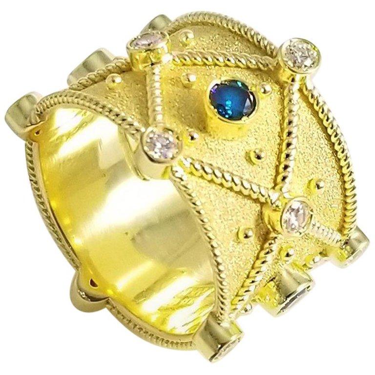 Georgios Collections 18 Karat Yellow Gold Blue White Diamond Wide Band Ring In New Condition For Sale In Astoria, NY