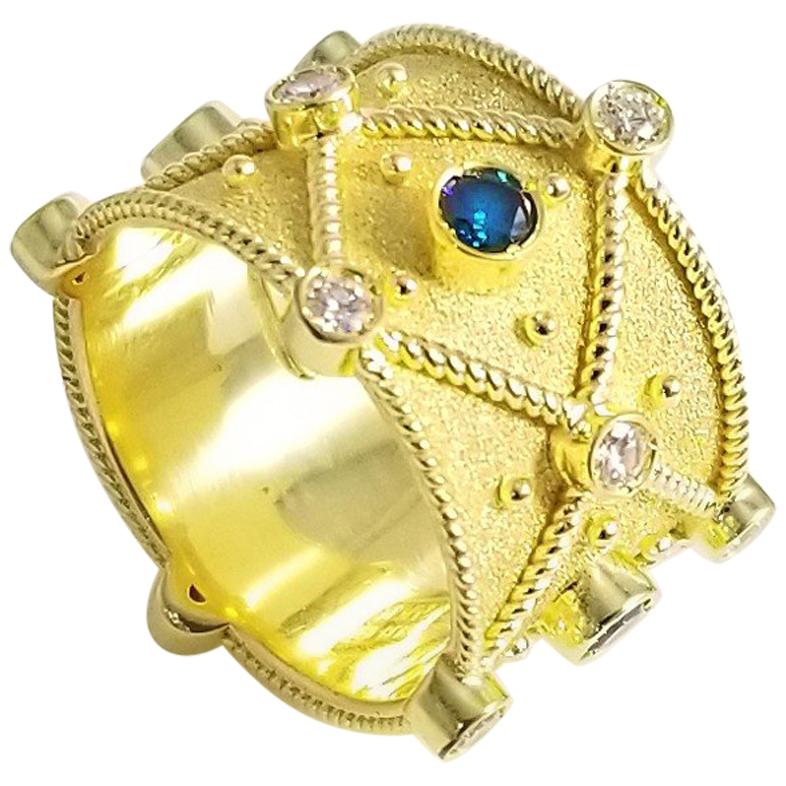 Georgios Collections 18 Karat Yellow Gold Blue White Diamond Wide Band Ring