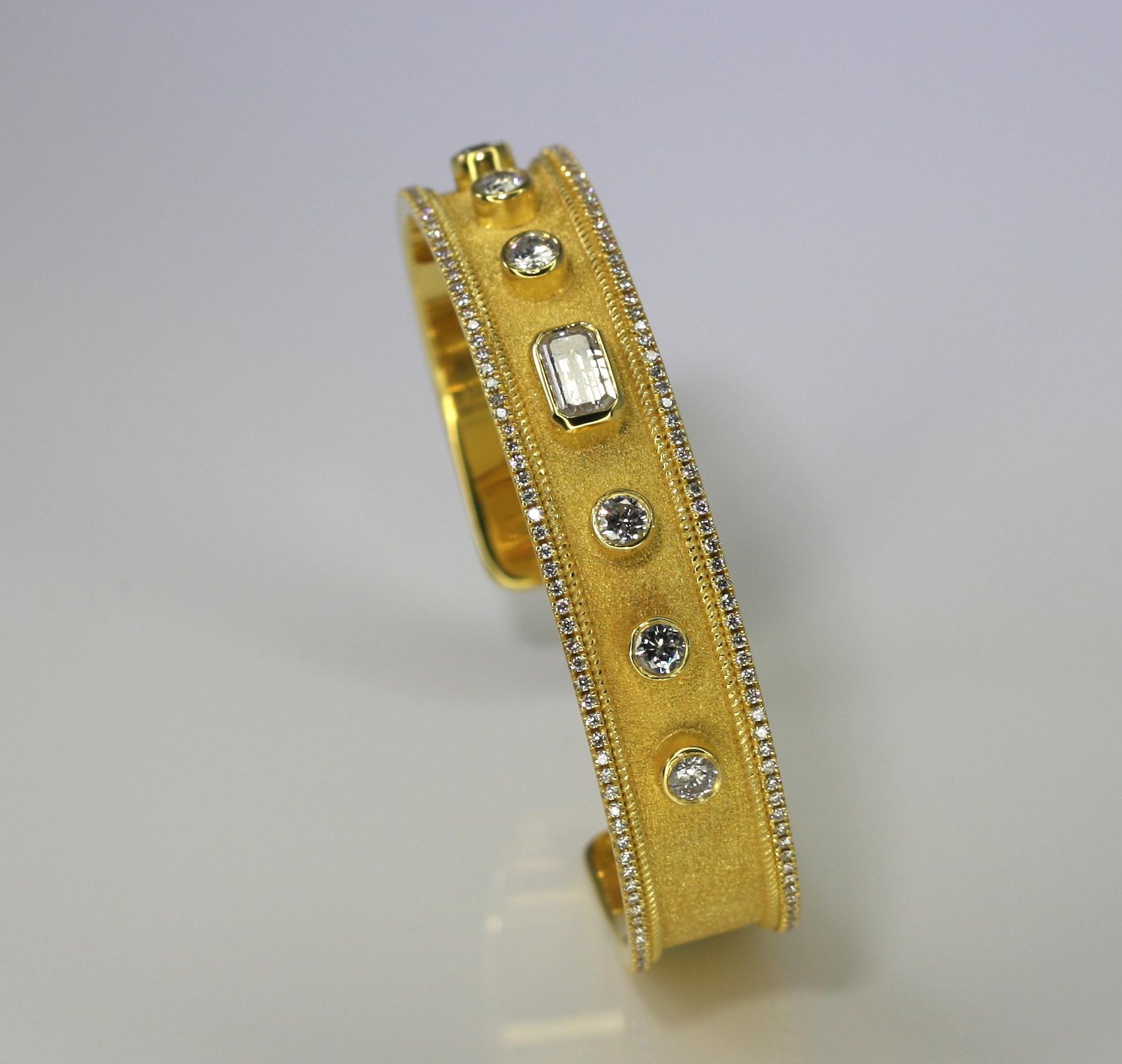 Georgios Collections 18 Karat Yellow Gold Cuff Bracelet with White Diamonds For Sale 1