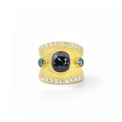 Georgios Collections 18 Karat Yellow Gold Byzantine Black and Green Diamond Ring