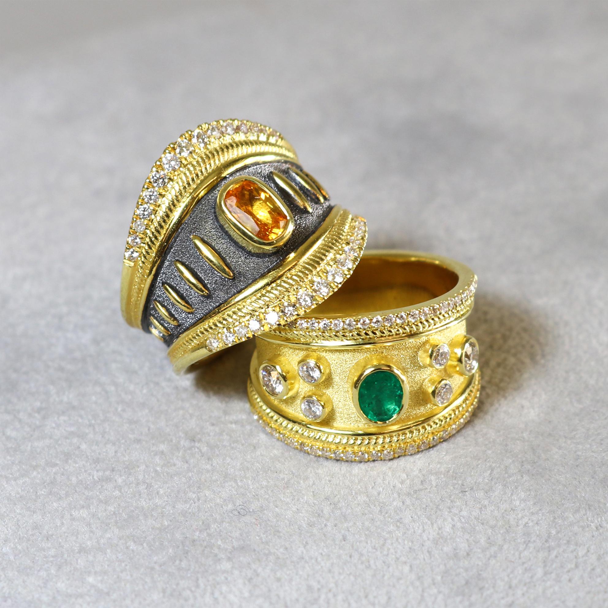 Collections Georgios en or jaune 18 carats  Bague byzantine émeraude et diamants en vente 2