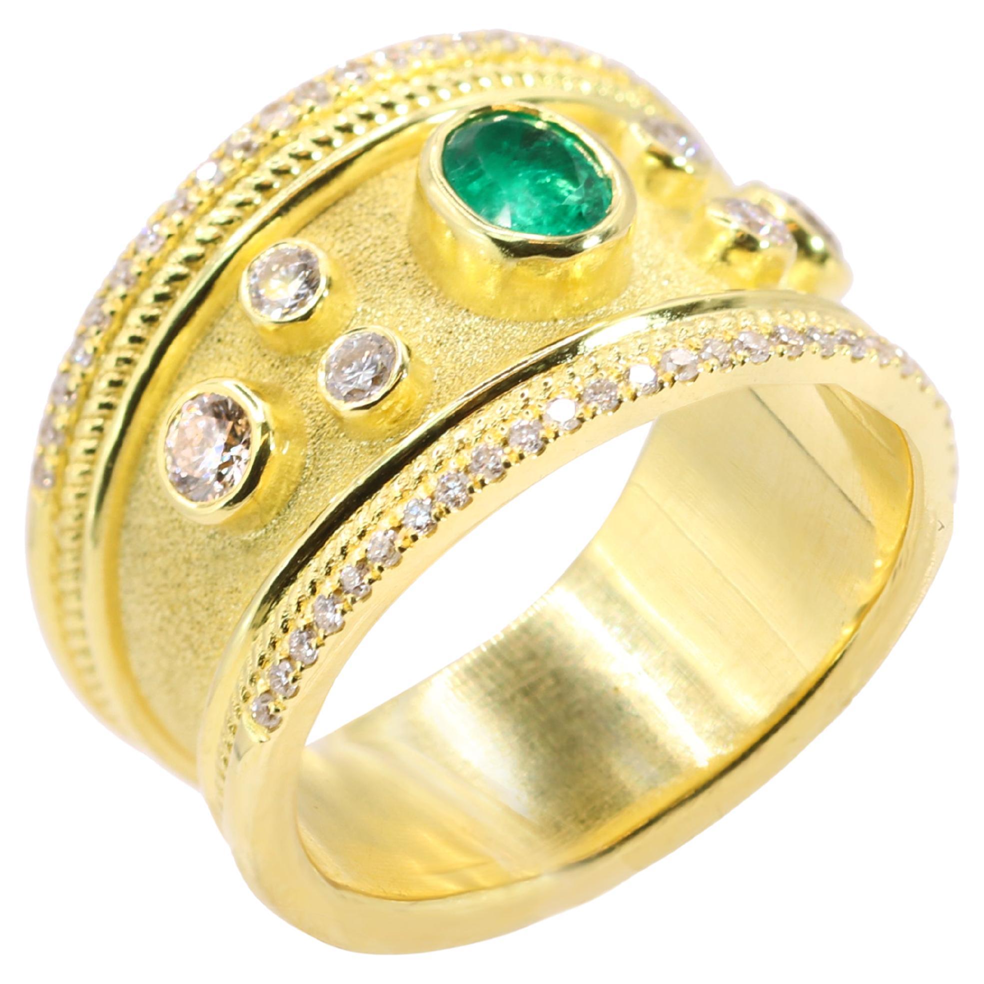 Georgios Collections 18 Karat Yellow Gold  Byzantine Emerald and Diamond Ring