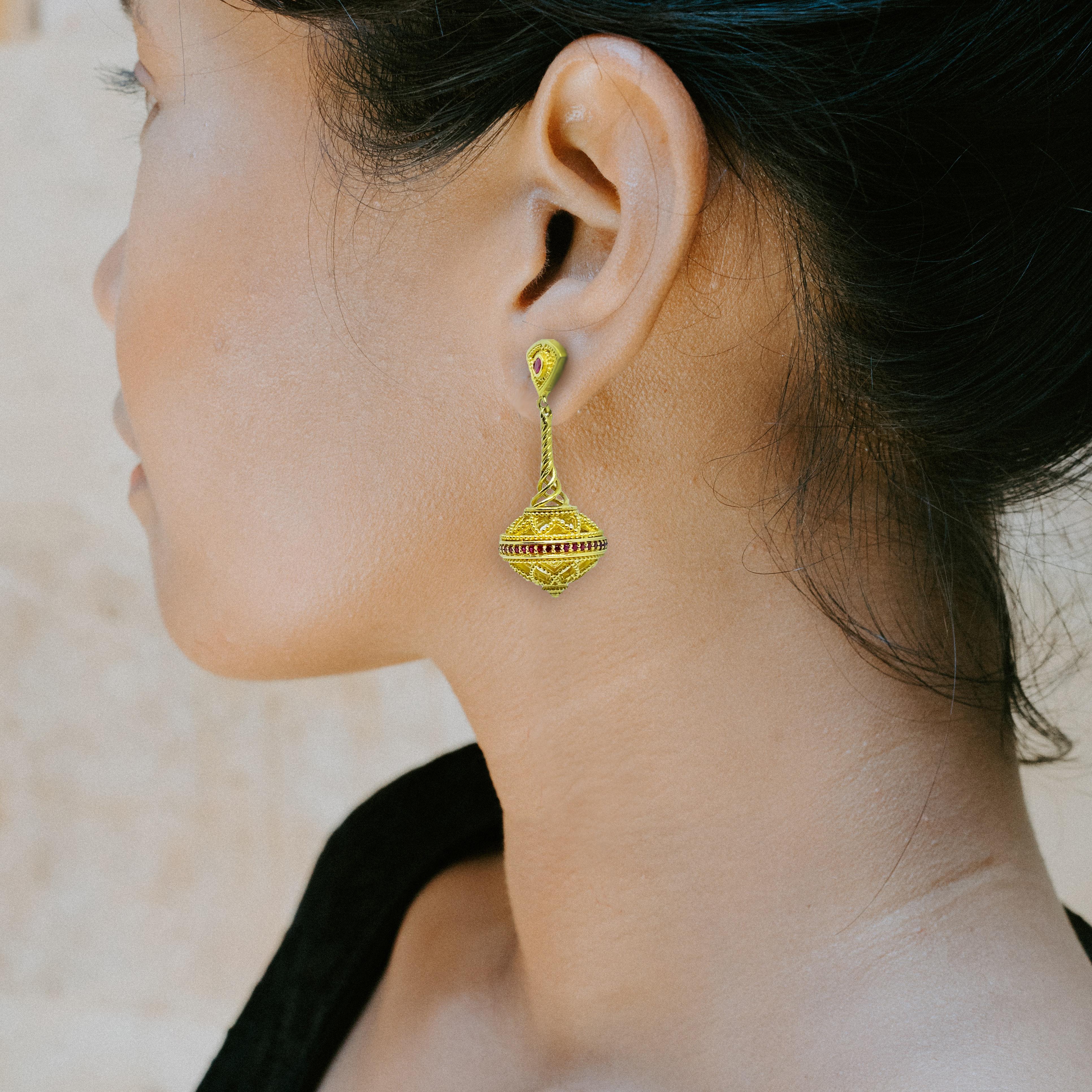 Georgios Collections 18 Karat Yellow Gold Byzantine-Era Style Ruby Drop Earrings 7