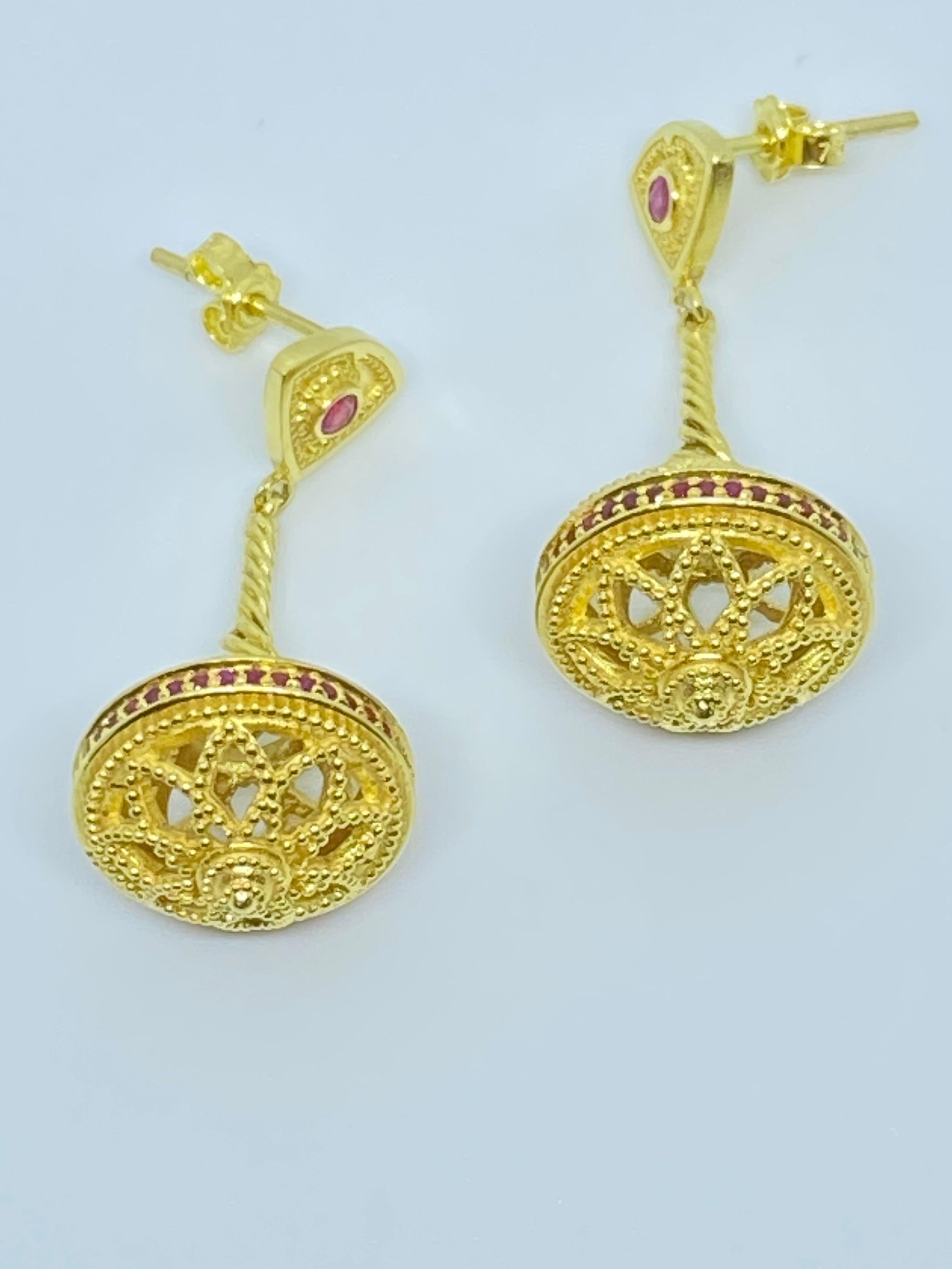 Georgios Collections 18 Karat Yellow Gold Byzantine-Era Style Ruby Drop Earrings 9