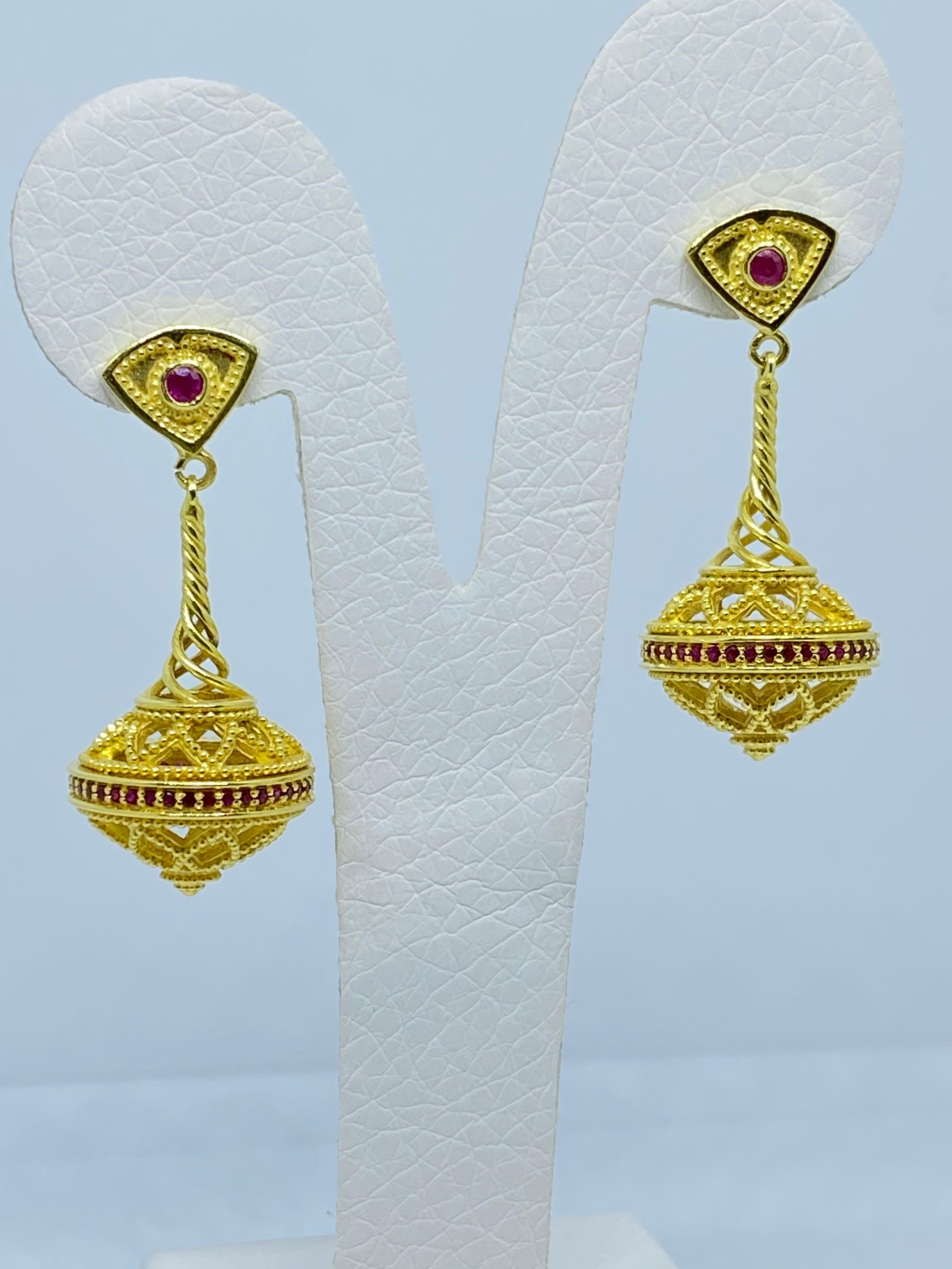 Georgios Collections 18 Karat Yellow Gold Byzantine-Era Style Ruby Drop Earrings In New Condition In Astoria, NY