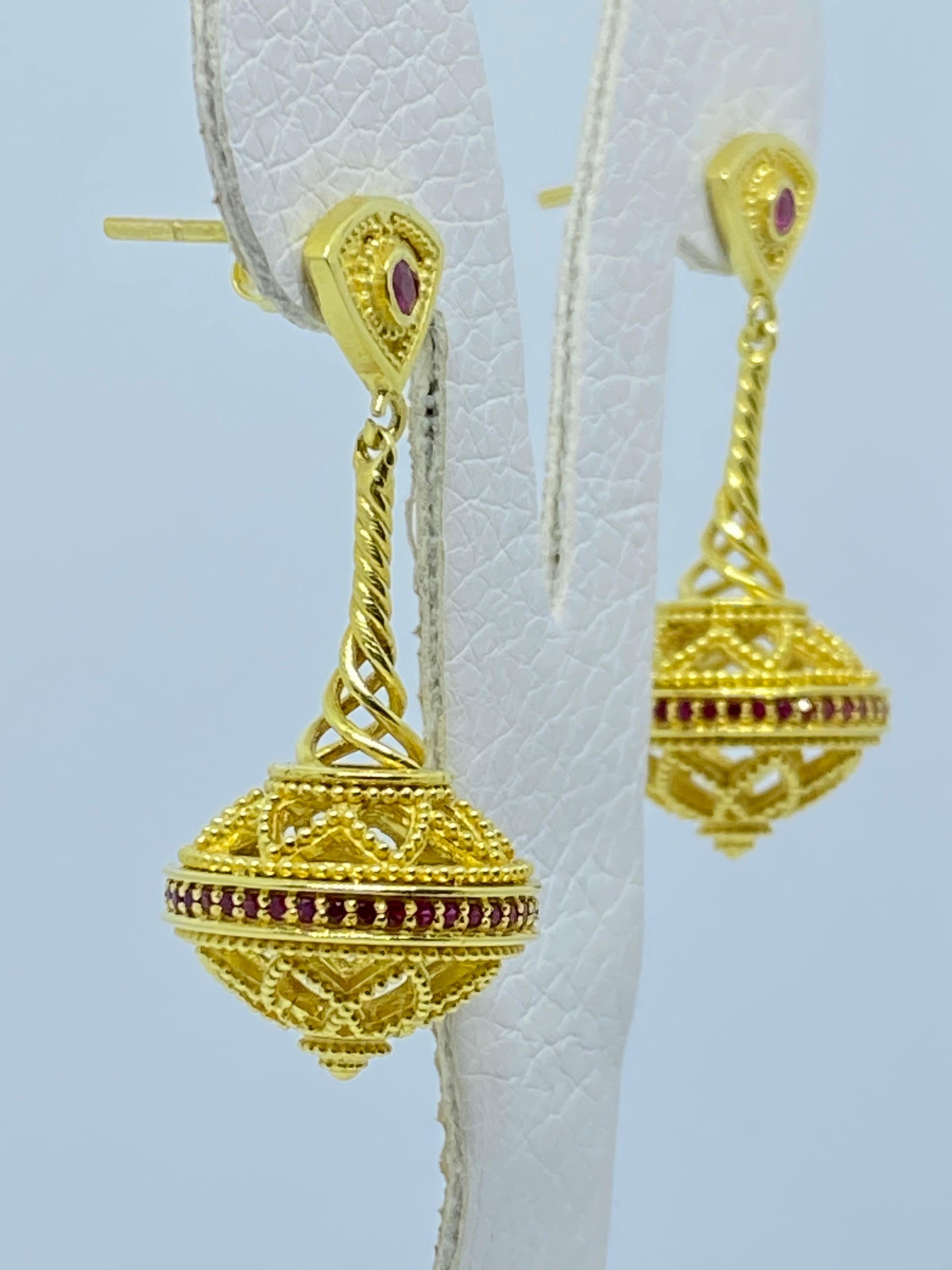 Women's Georgios Collections 18 Karat Yellow Gold Byzantine-Era Style Ruby Drop Earrings