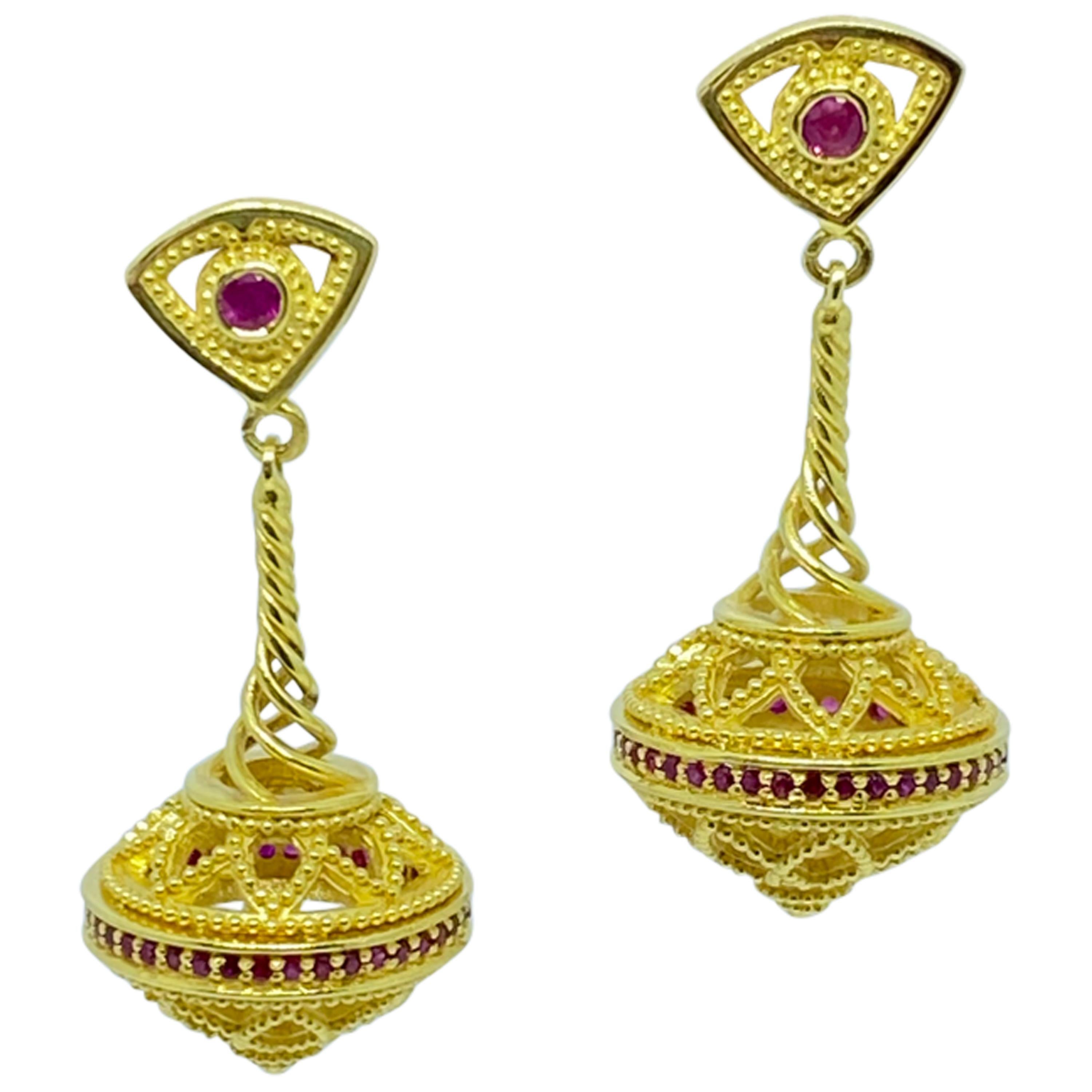 Georgios Collections 18 Karat Yellow Gold Byzantine-Era Style Ruby Drop Earrings