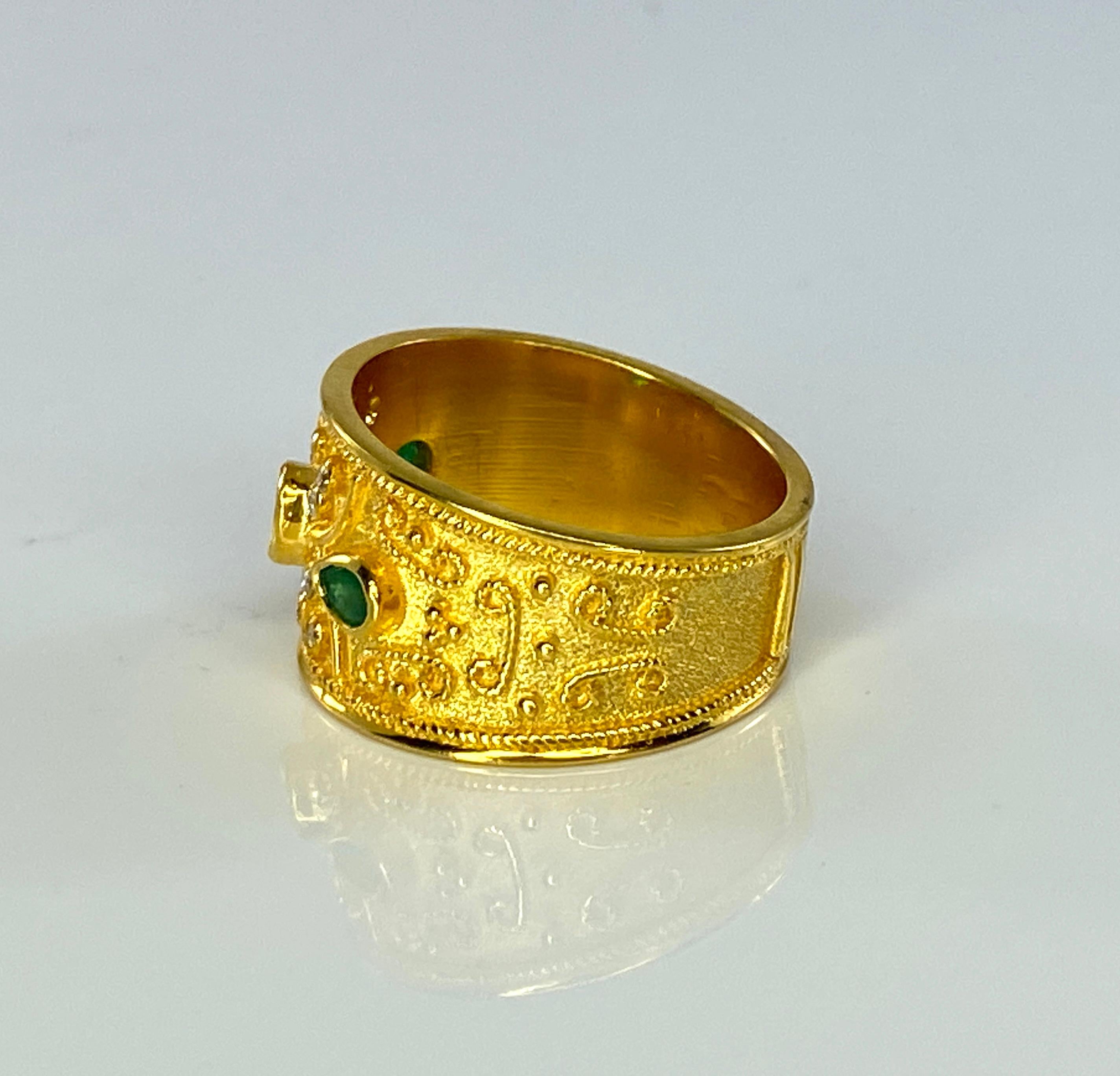 Women's Georgios Collections 18 Karat Yellow Gold Byzantine Ruby Emerald Diamond Ring For Sale