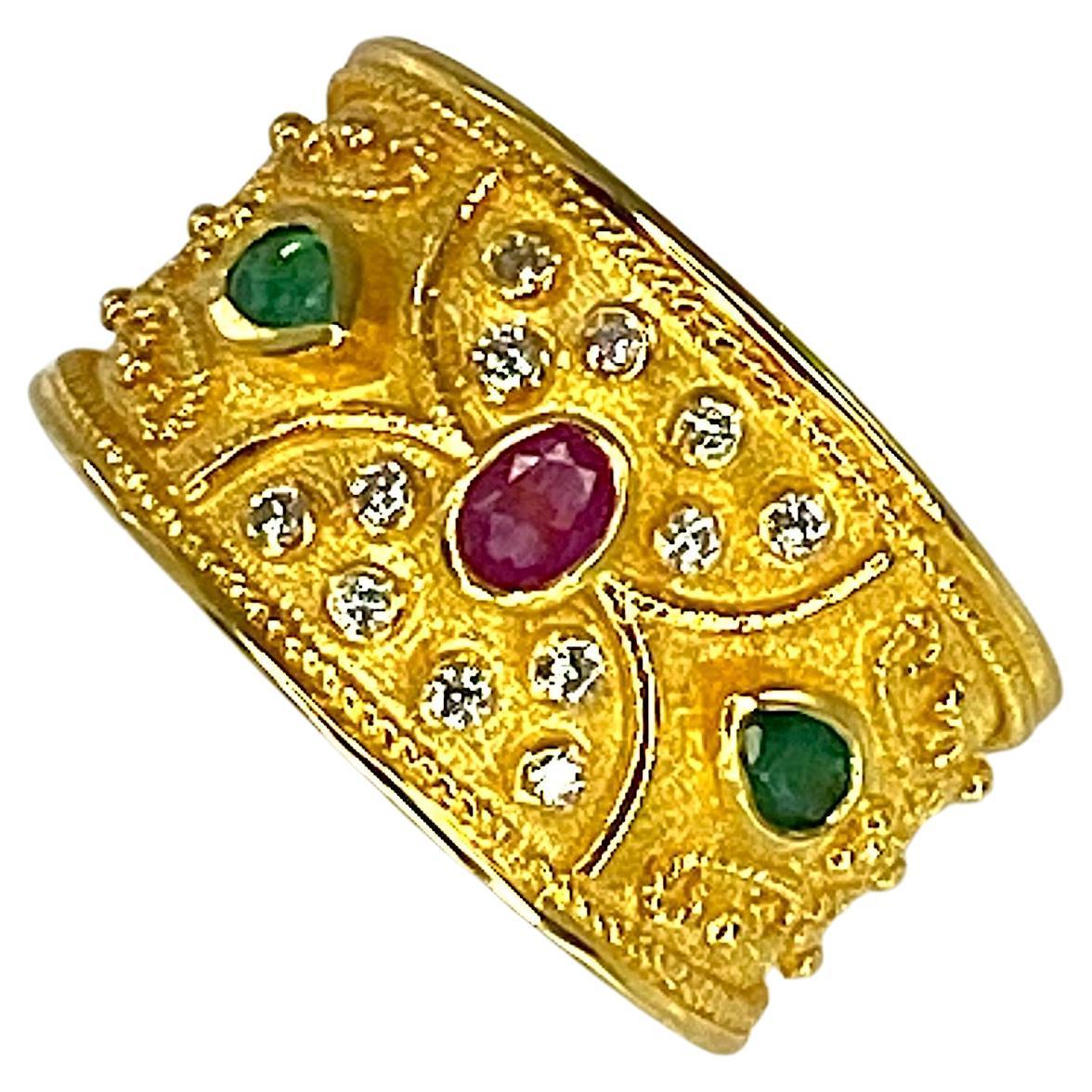 Georgios Collections 18 Karat Yellow Gold Byzantine Ruby Emerald Diamond Ring For Sale