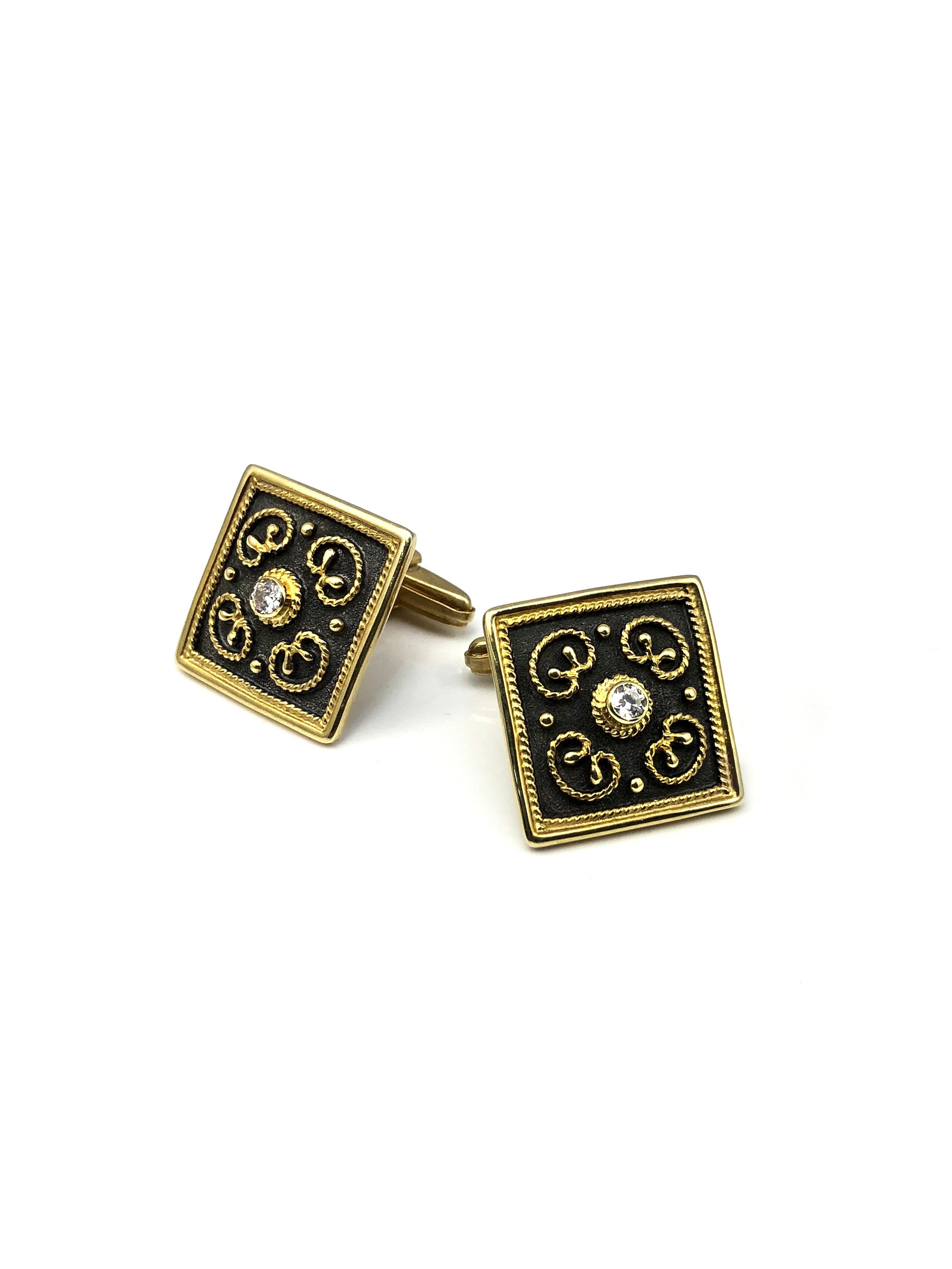 S.Georgios designer Cufflinks is handmade in 18 Karat Yellow Gold and Black oxidized Rhodium all custom-made. Cufflinks are microscopically decorated with granulation work in Byzantine style and with unique velvet background. The center features