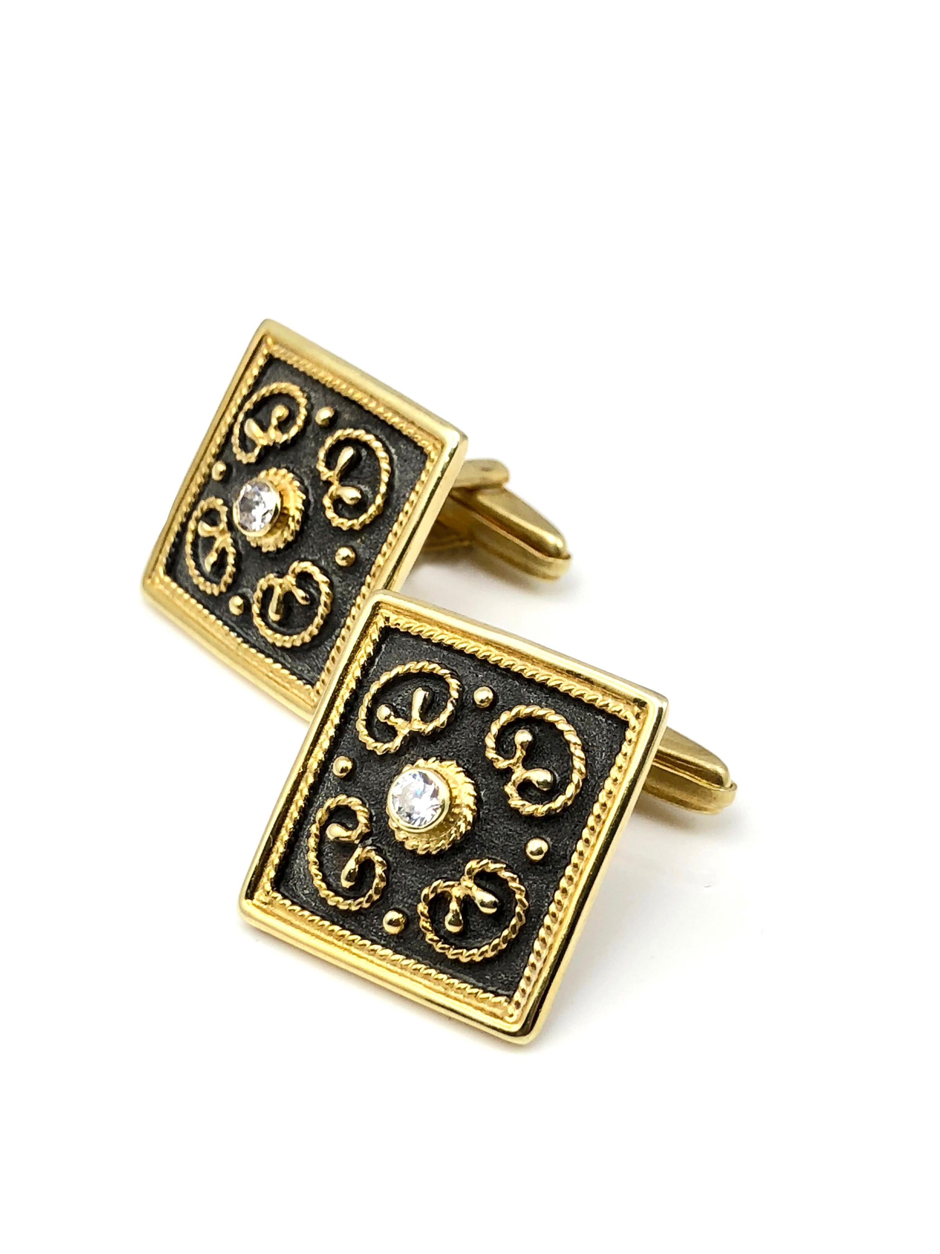 Round Cut Georgios Collections 18 Karat Yellow Gold Rhodium Diamond Byzantine Cufflinks For Sale