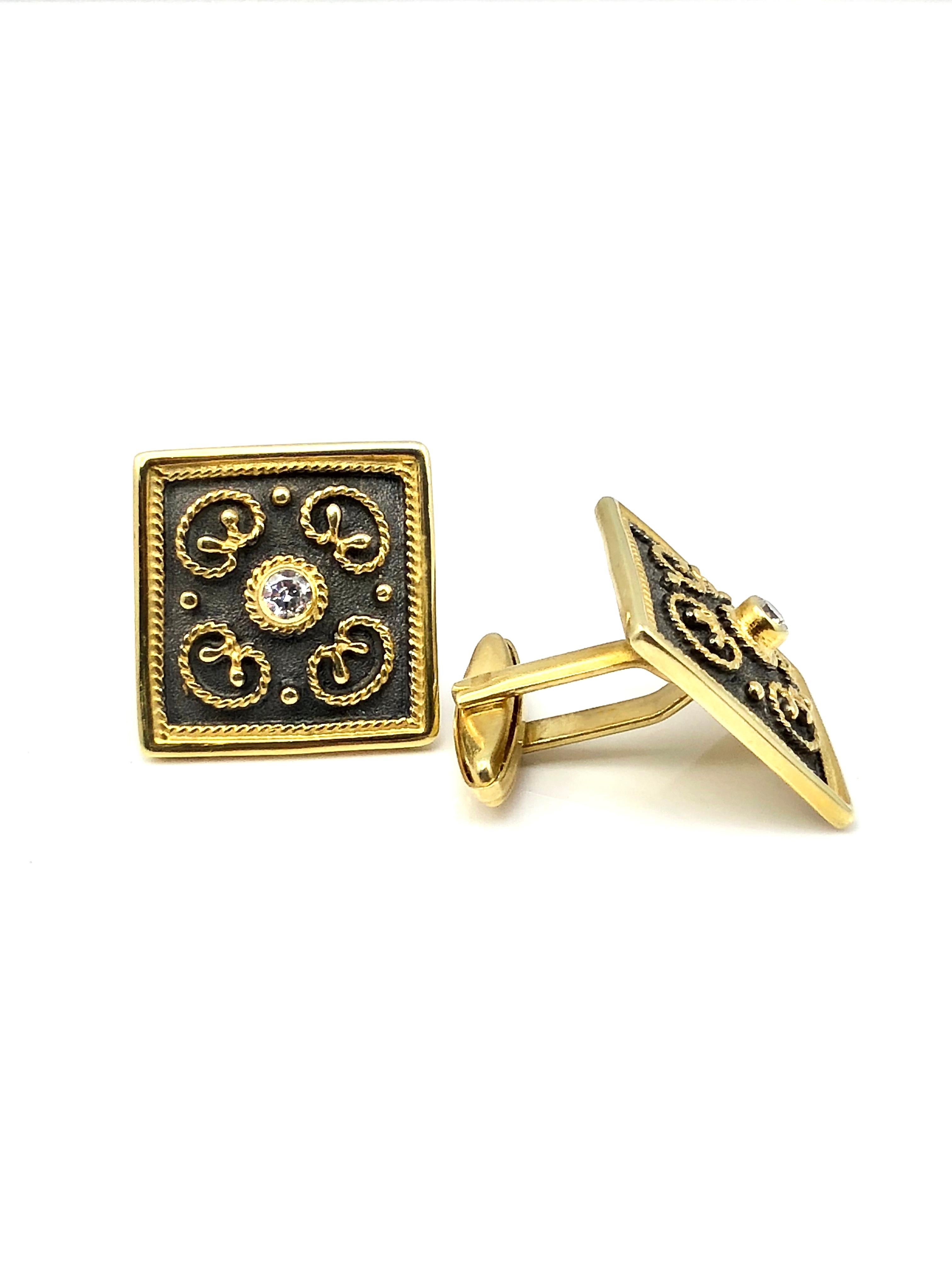 Women's or Men's Georgios Collections 18 Karat Yellow Gold Rhodium Diamond Byzantine Cufflinks For Sale