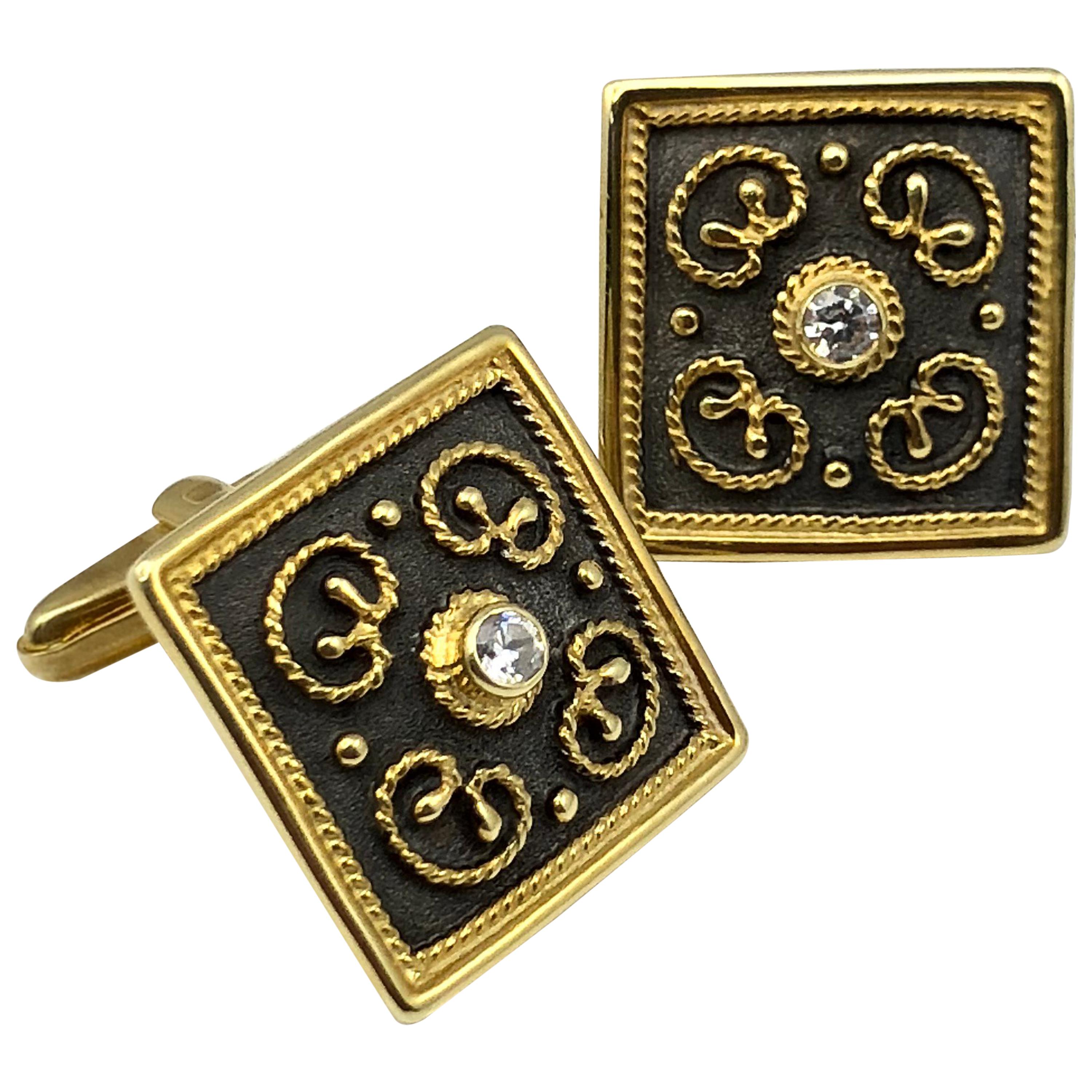 Georgios Collections 18 Karat Yellow Gold Rhodium Diamond Byzantine Cufflinks For Sale