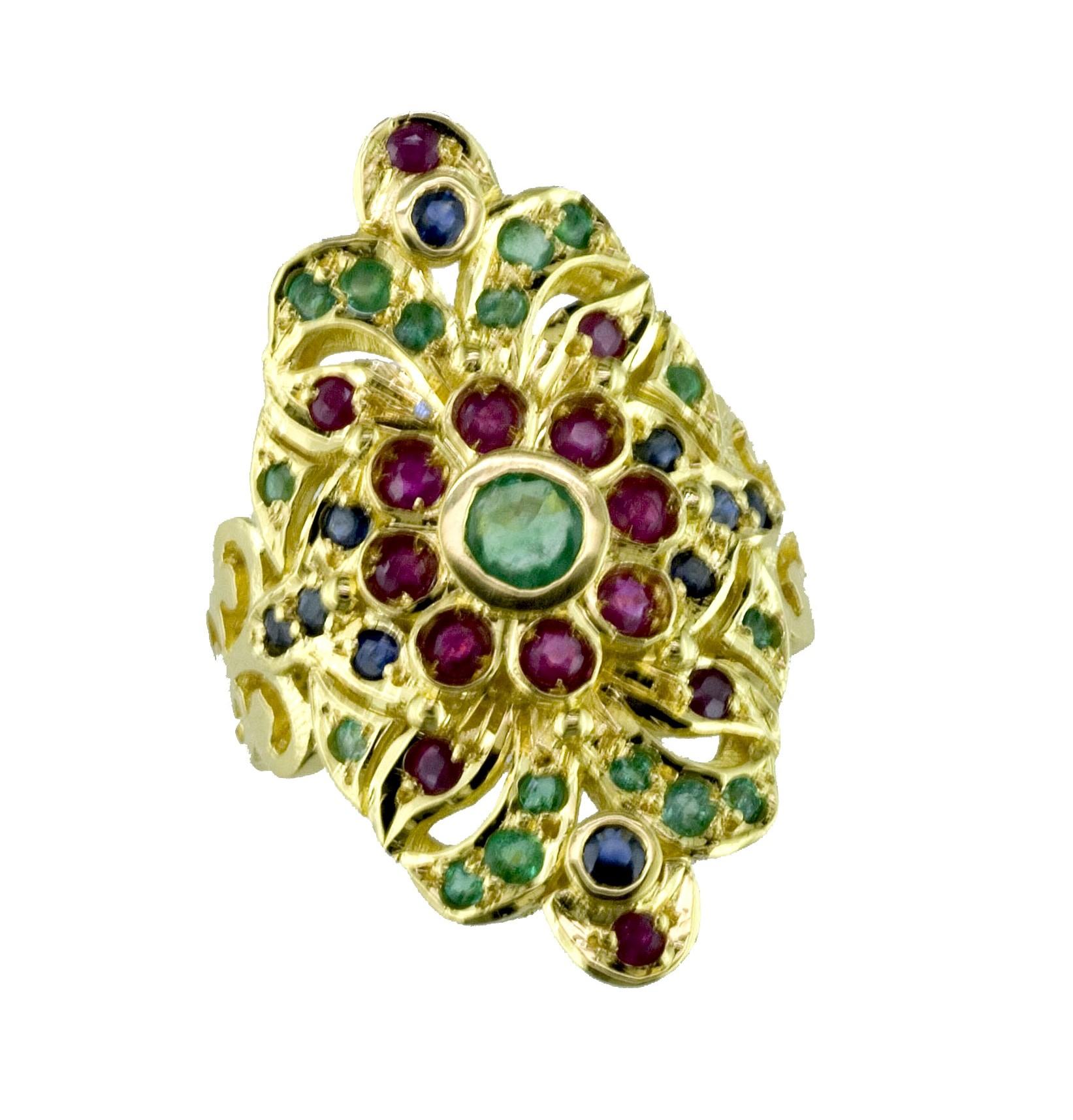 Georgios Collections Bague dôme en or jaune 18 carats, émeraude, rubis et saphir 