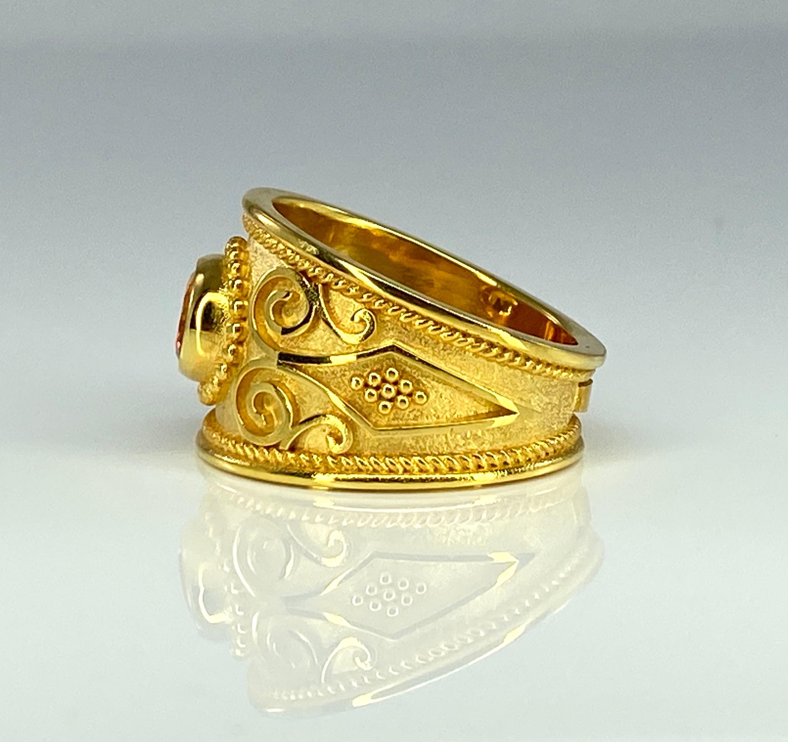 Georgios Kollektionen 18 Karat Gelbgold Byzantinischer Stil Orange Saphir Ring Damen im Angebot