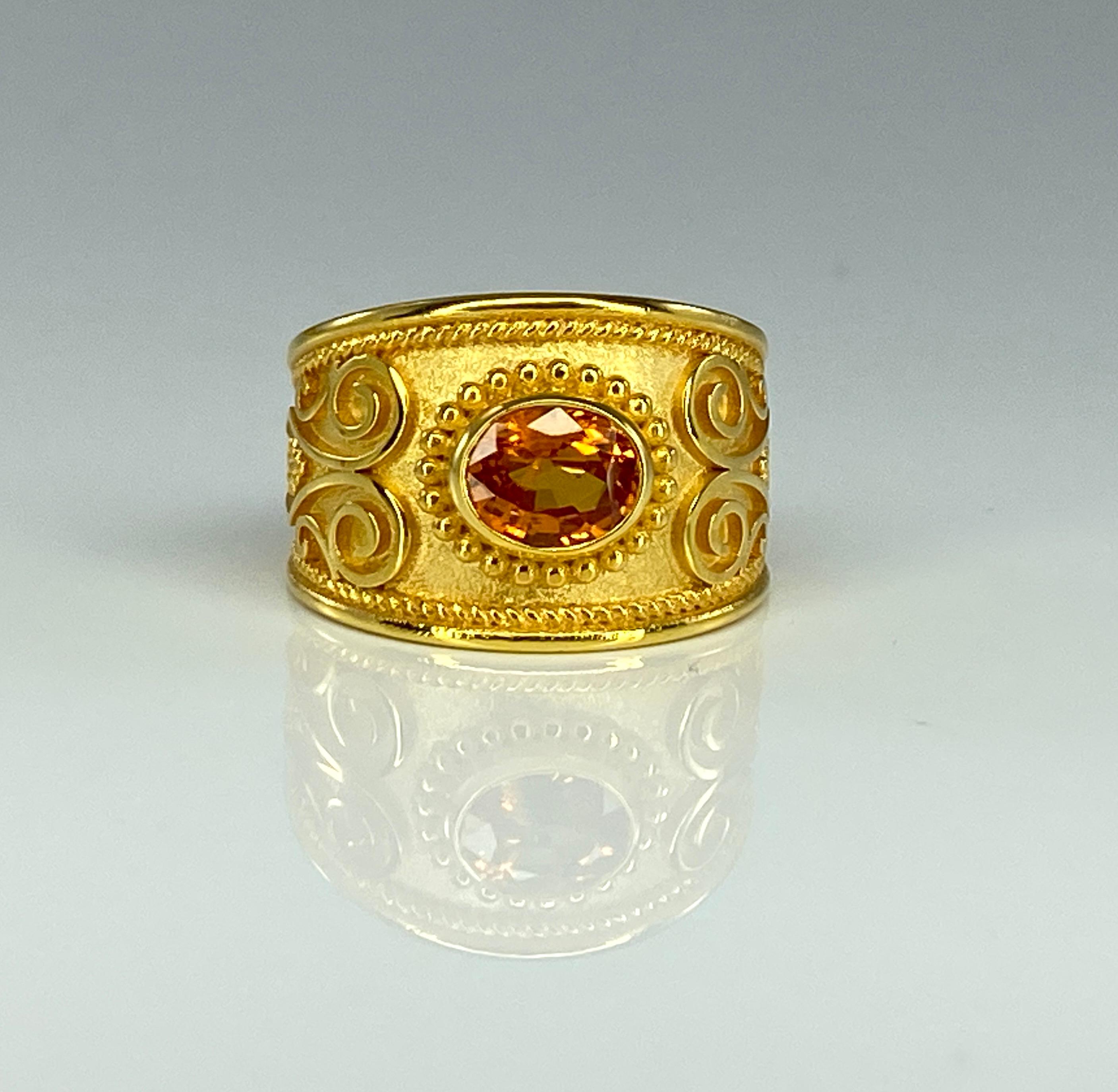 Georgios Collections 18 Karat Yellow Gold Byzantine Style Orange Sapphire Ring In New Condition For Sale In Astoria, NY