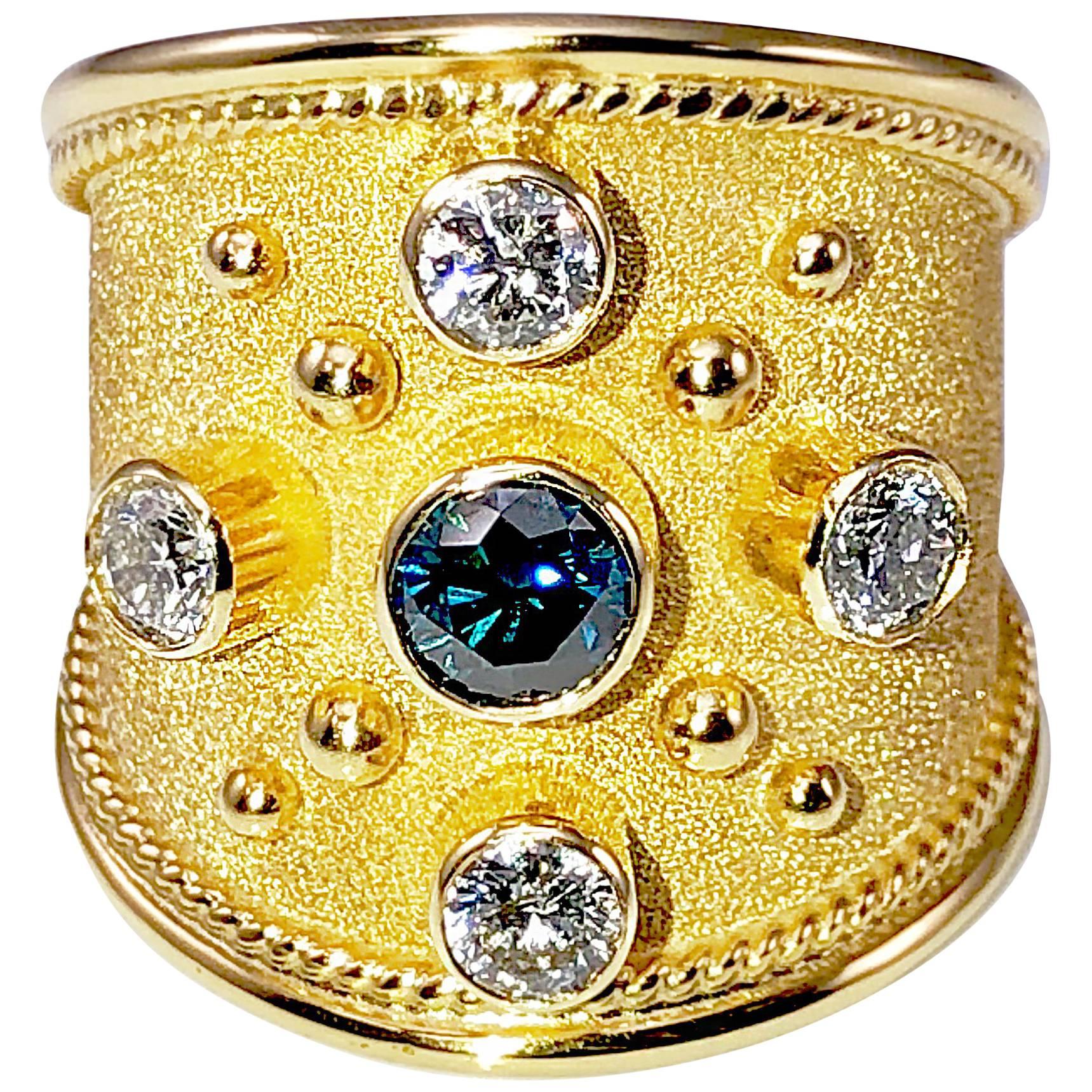 Georgios Collections 18 Karat Yellow Gold Blue and White Diamonds Wide Band Ring For Sale