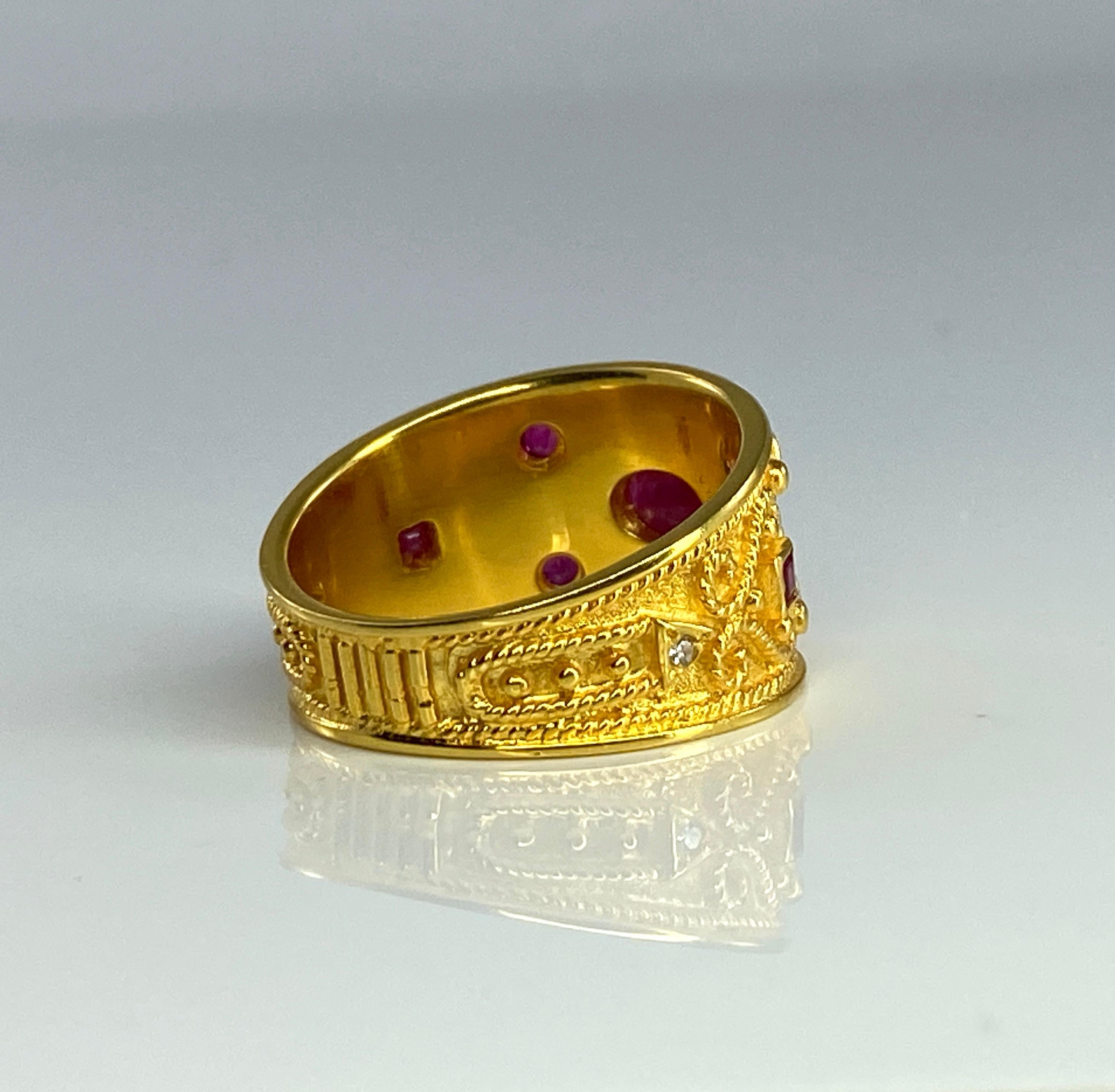 Oval Cut Georgios Collections 18 Karat Yellow Gold Byzantine Style Ruby and Diamond Ring For Sale