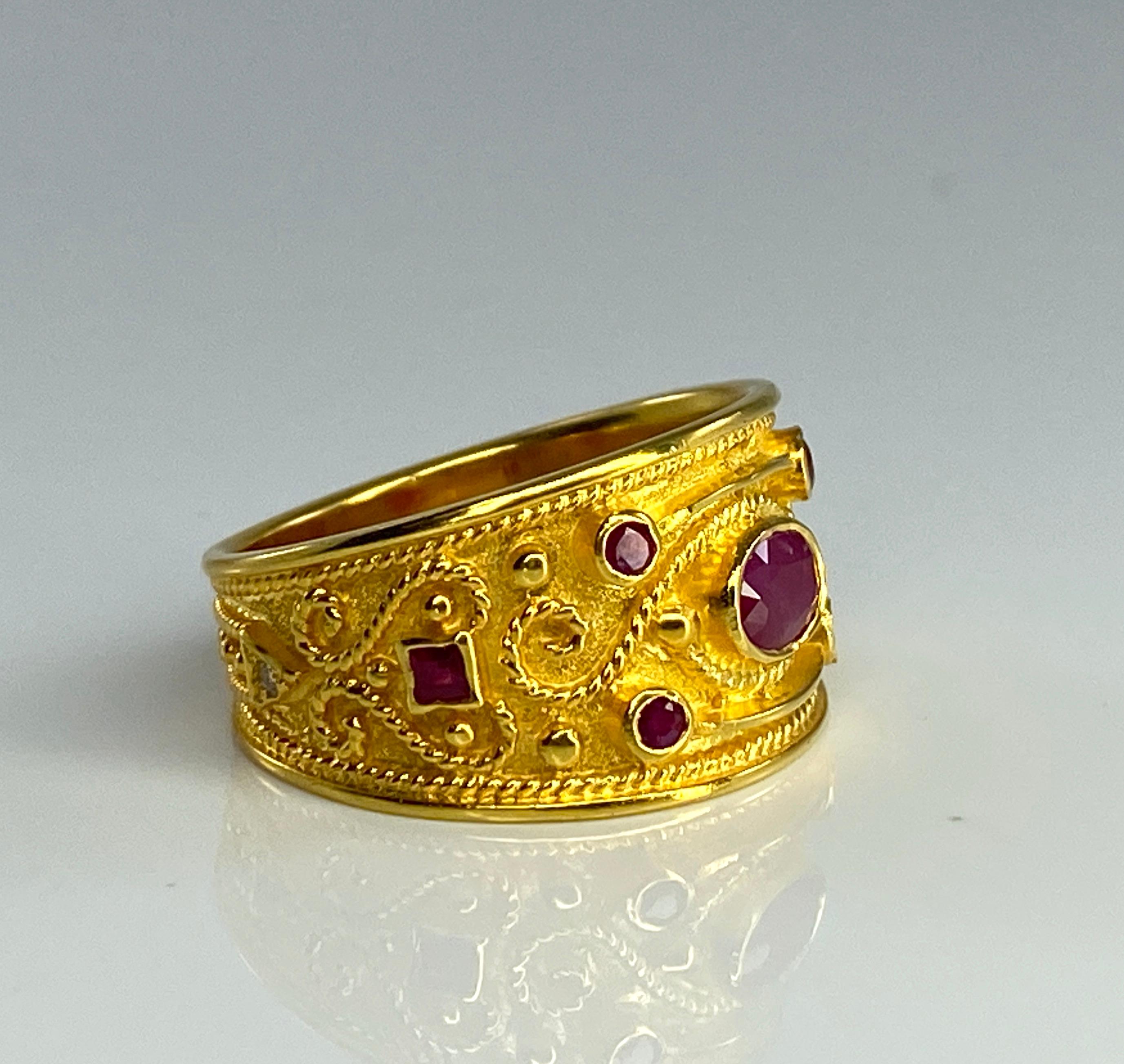 Georgios Collections 18 Karat Yellow Gold Byzantine Style Ruby and Diamond Ring For Sale 3