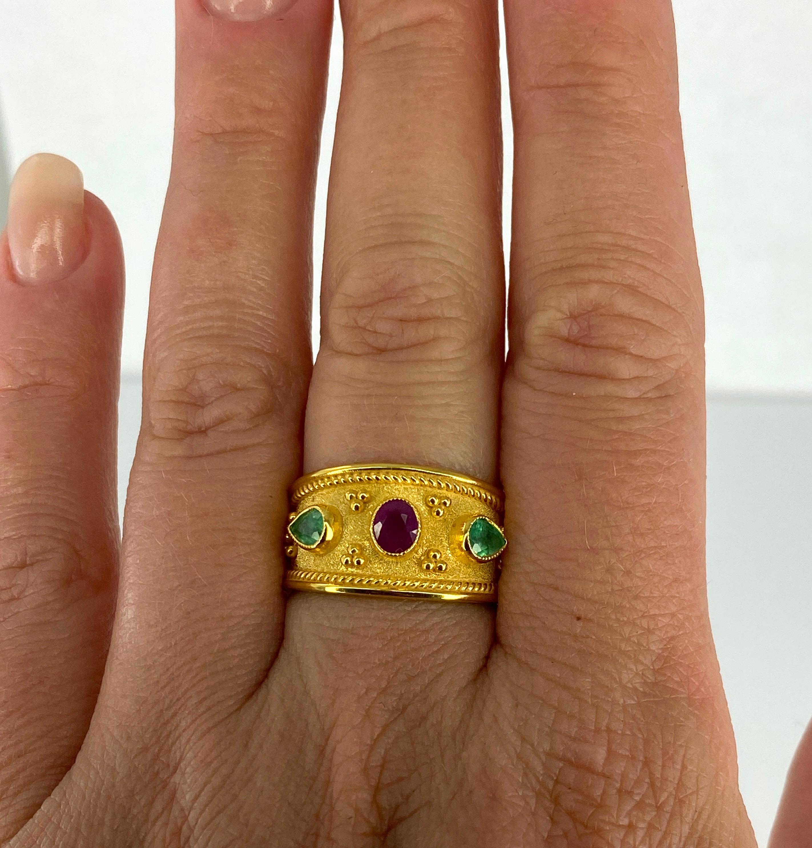 Georgios Collections 18 Karat Yellow Gold Byzantine Style Ruby and Emerald Ring For Sale 4