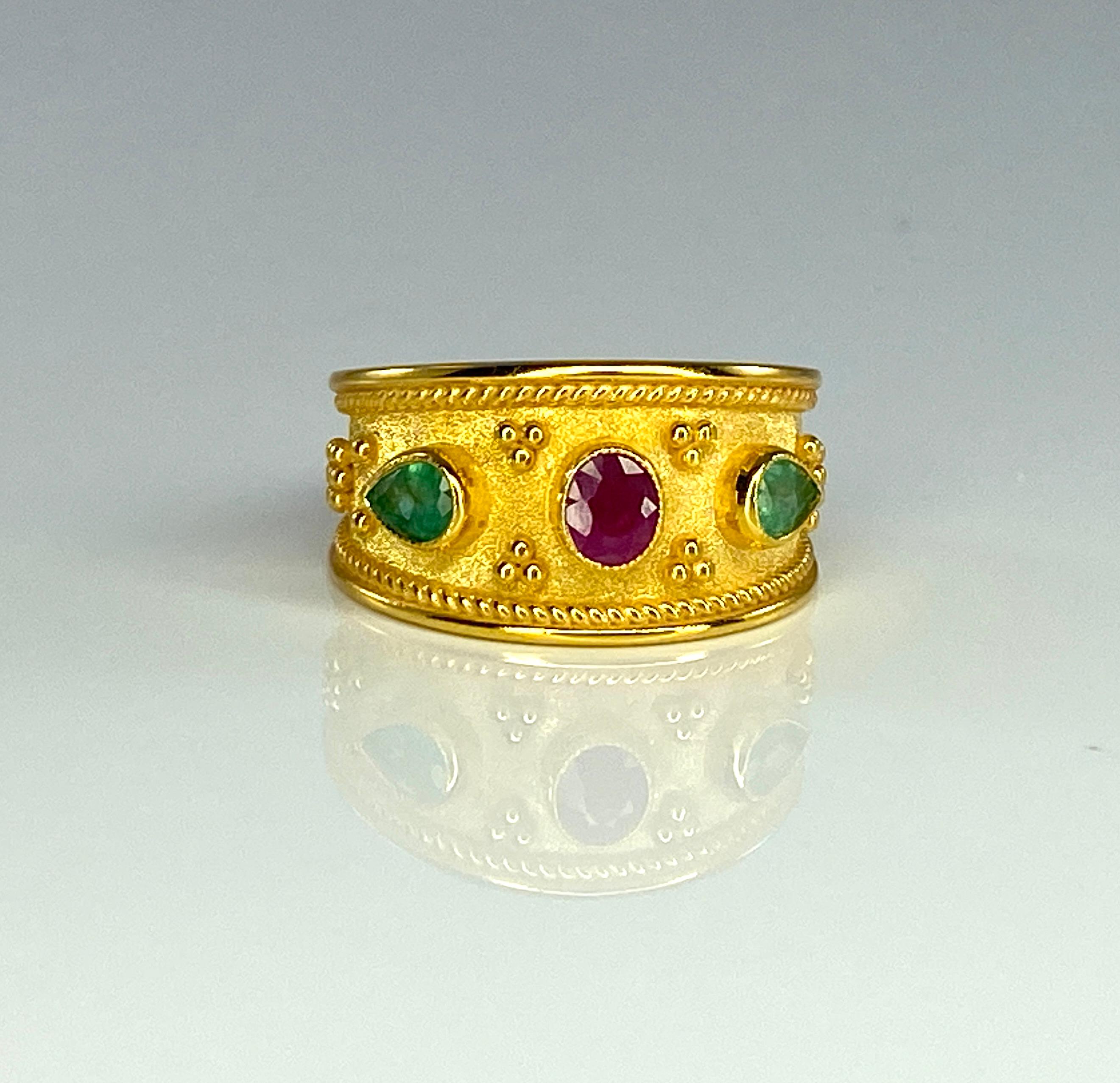 Oval Cut Georgios Collections 18 Karat Yellow Gold Byzantine Style Ruby and Emerald Ring For Sale