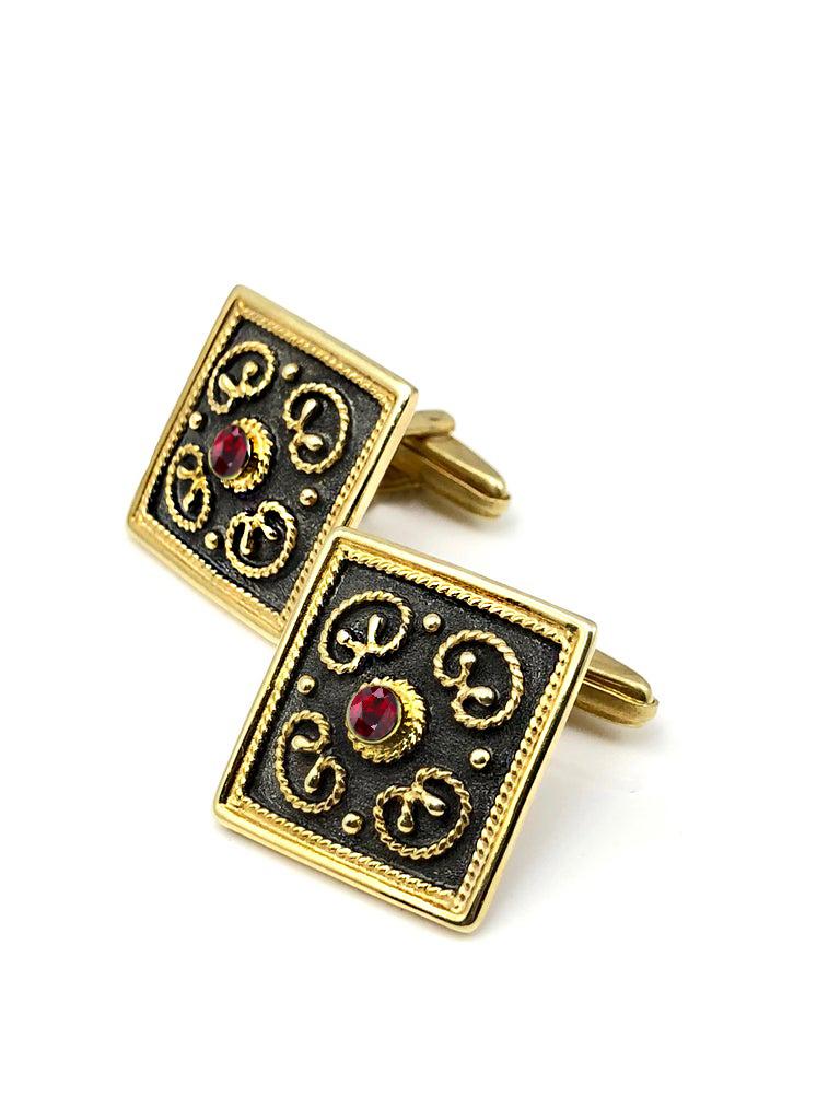 S.Georgios designer cufflinks hand made in Greece from 18 Karat yellow gold and finished with black rhodium. Cufflinks are microscopically decorated with granulation work in Byzantine style and with unique velvet background. The center features