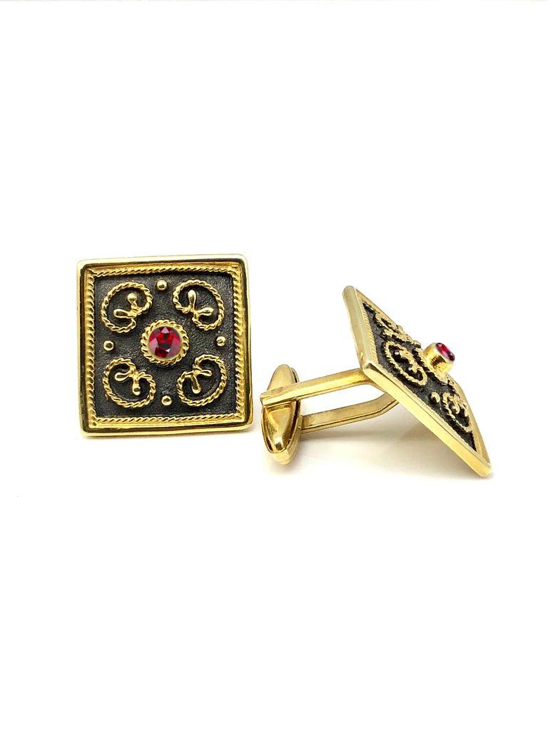 Round Cut Georgios Collections 18 Karat Yellow Gold Byzantine Style Square Ruby Cufflinks For Sale