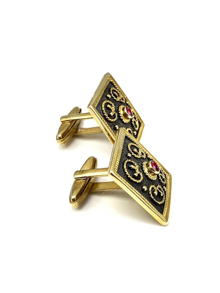 Georgios Collections 18 Karat Yellow Gold Byzantine Style Square Ruby Cufflinks In New Condition For Sale In Astoria, NY