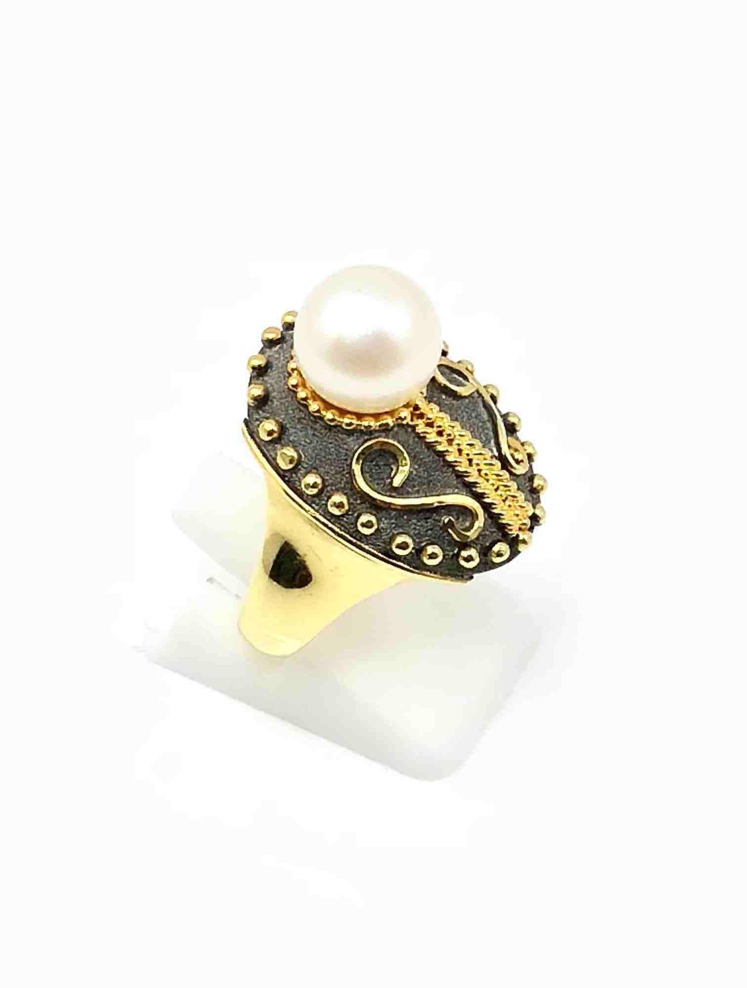 Round Cut Georgios Collections 18 Karat Yellow Gold Rhodium Two Tone Byzantine Pearl Ring For Sale