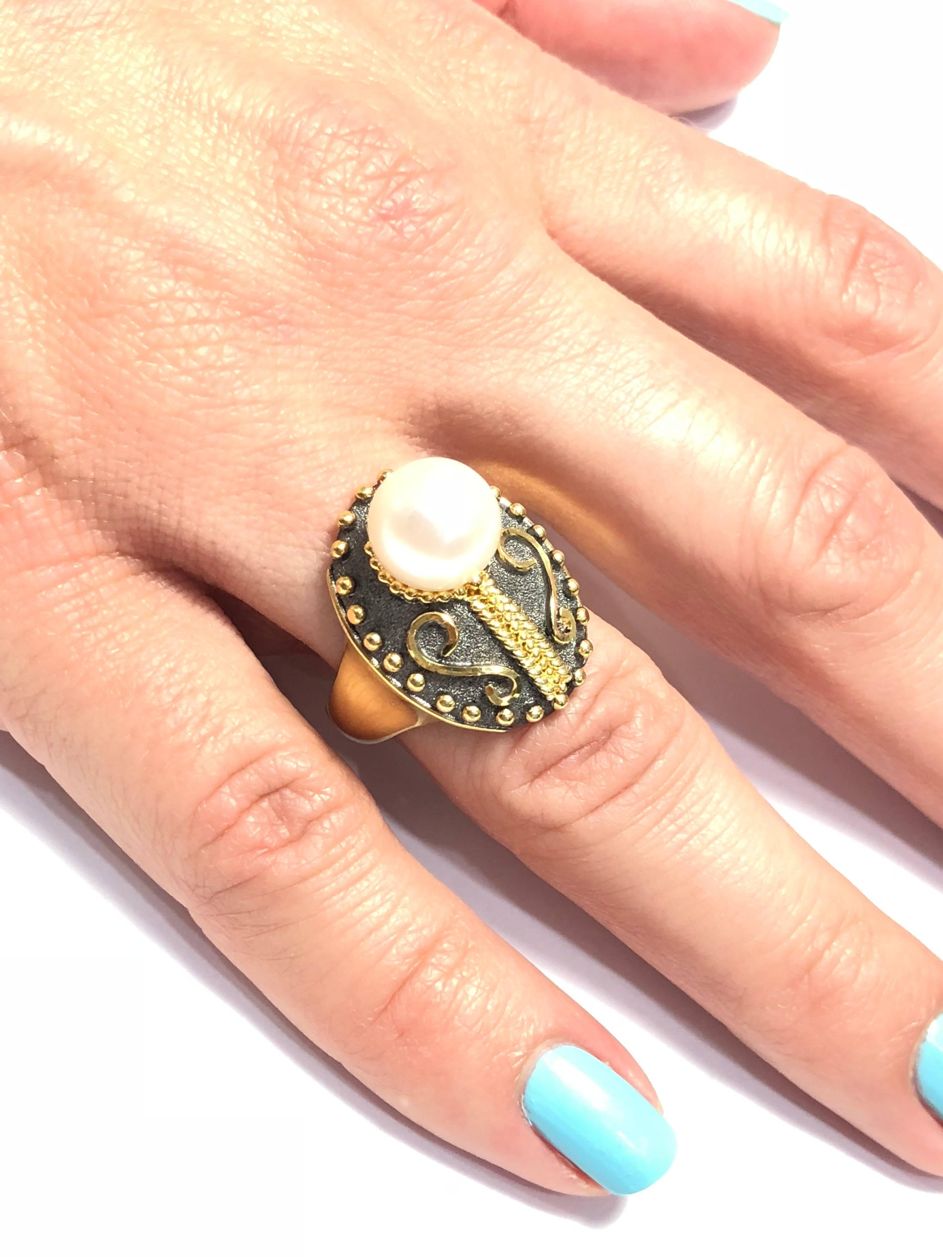 Georgios Collections 18 Karat Yellow Gold Rhodium Two Tone Byzantine Pearl Ring In New Condition For Sale In Astoria, NY
