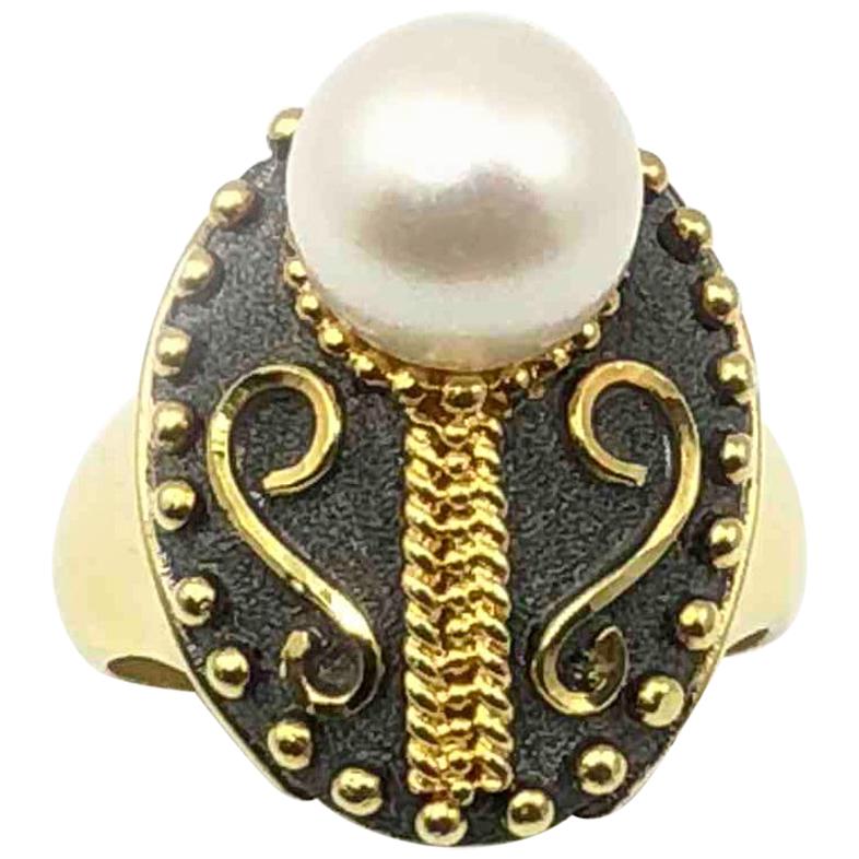 Georgios Collections 18 Karat Yellow Gold Rhodium Two Tone Byzantine Pearl Ring For Sale