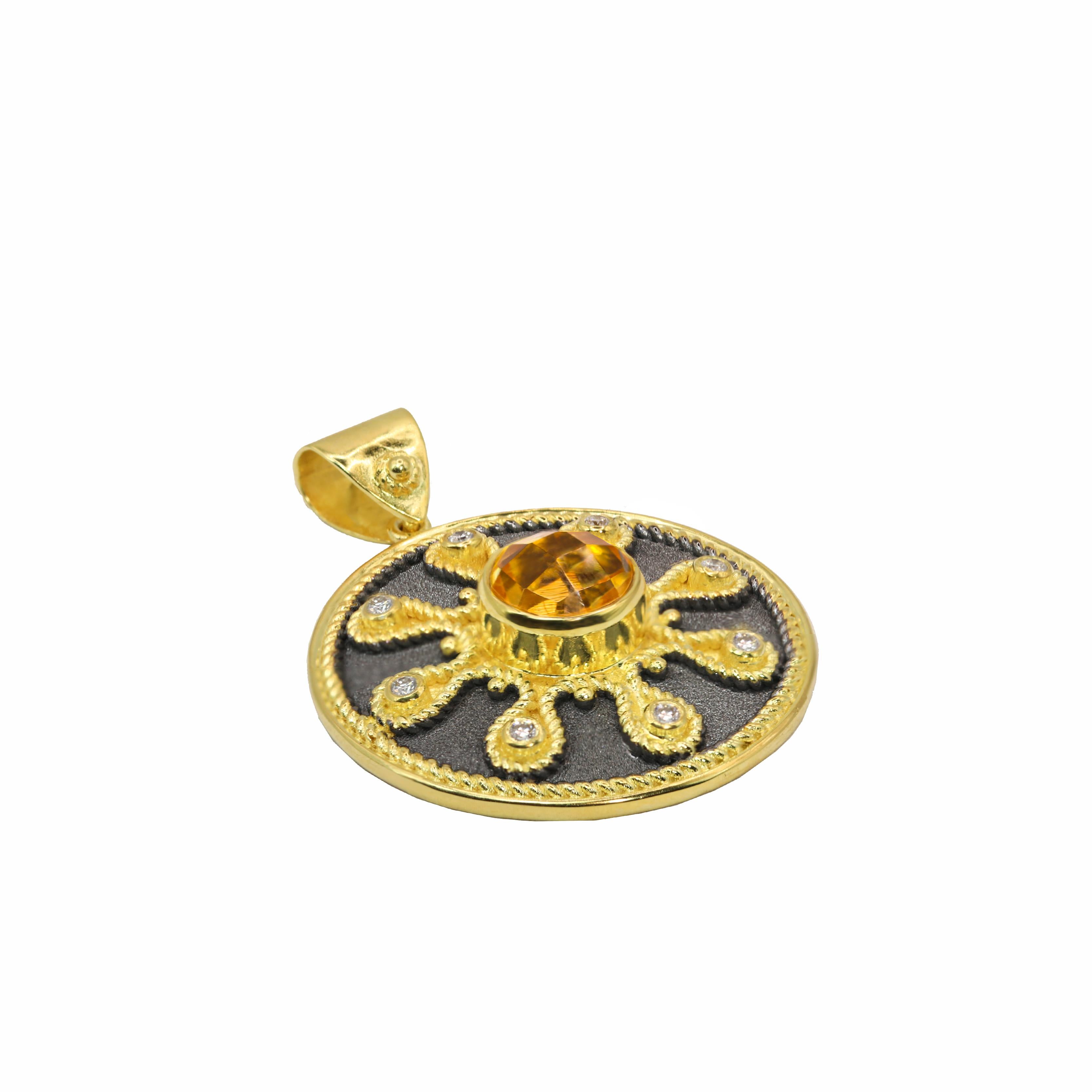 Byzantin Georgios Collections Pendentif en or jaune 18 carats, citrine et diamant avec chaîne en vente