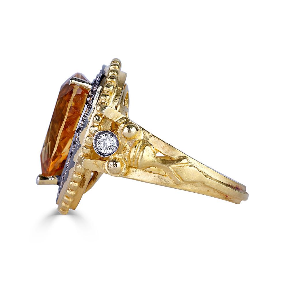 Byzantine Georgios Collections 18 Karat Yellow Gold Citrine Diamond Ring with Granulation For Sale