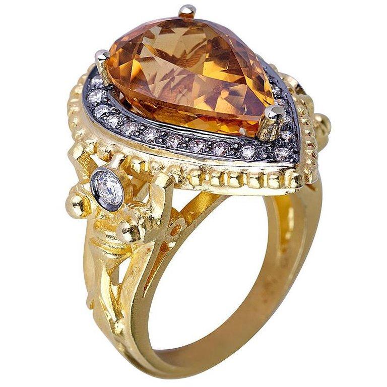 Georgios Collections 18 Karat Yellow Gold Citrine Diamond Ring with Granulation In New Condition For Sale In Astoria, NY