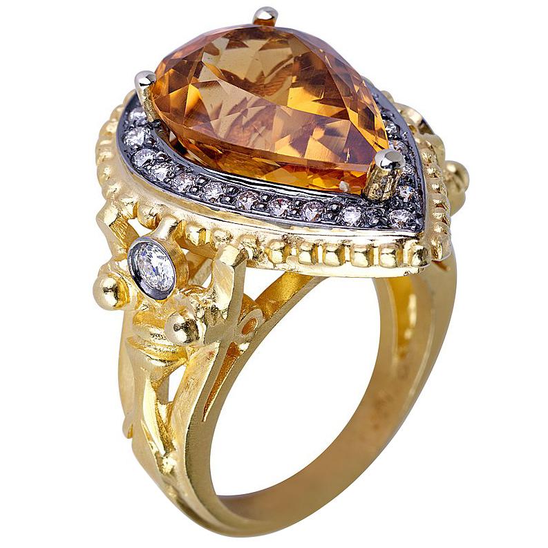 Georgios Collections 18 Karat Yellow Gold Citrine Diamond Ring with Granulation For Sale