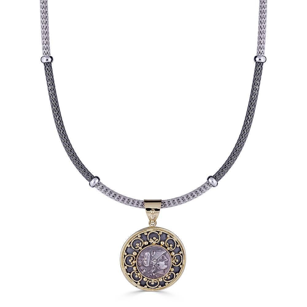S.Georgios designer Coin Pendant Necklace all Hand Made in 18 Karat Yellow Gold and Black Rhodium. The pendant is microscopically decorated with granulation work in Byzantine style and with unique velvet background. Pendant features a Silver replica