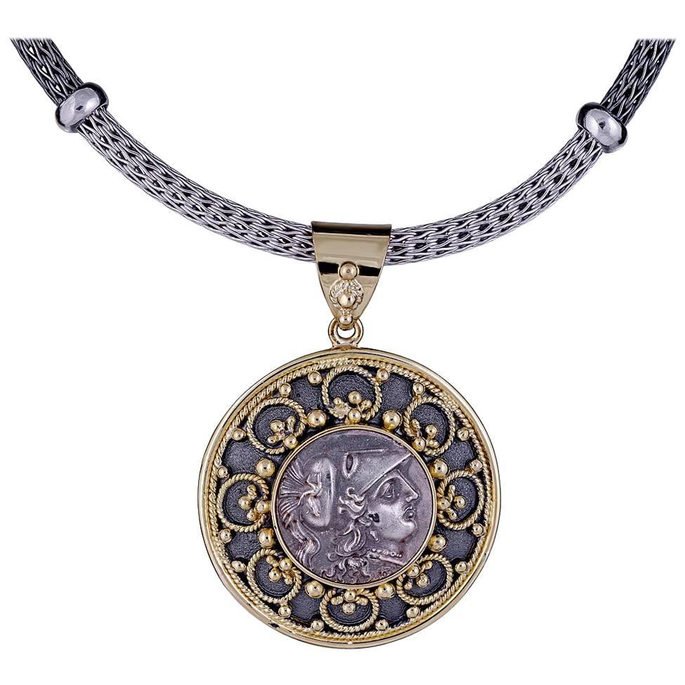 Georgios Collections 18 Karat Yellow Gold Coin Pendant with Athena in Silver