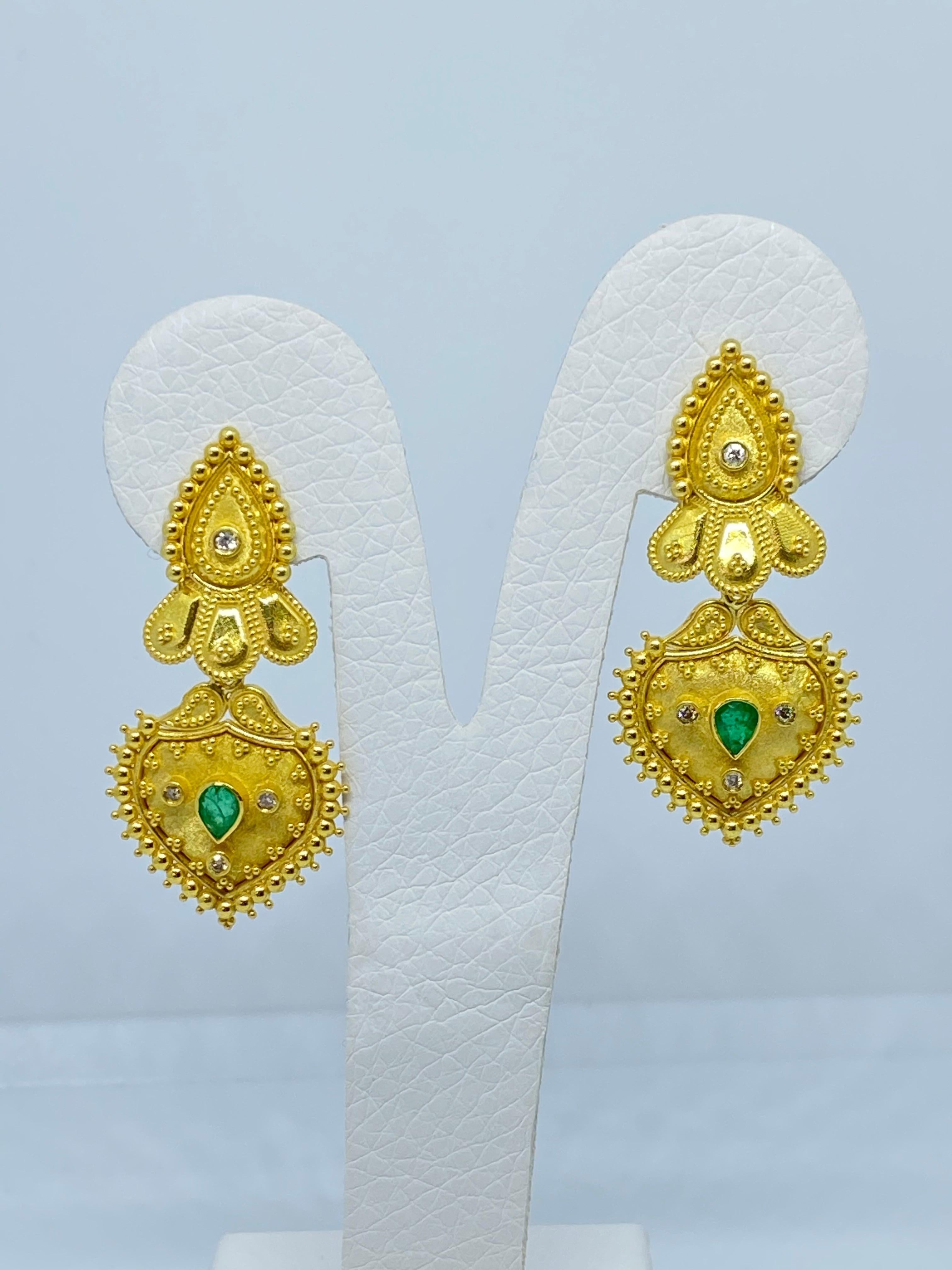 Georgios Collections 18 Karat Yellow Gold Diamond and Emerald Drop Earrings For Sale 9