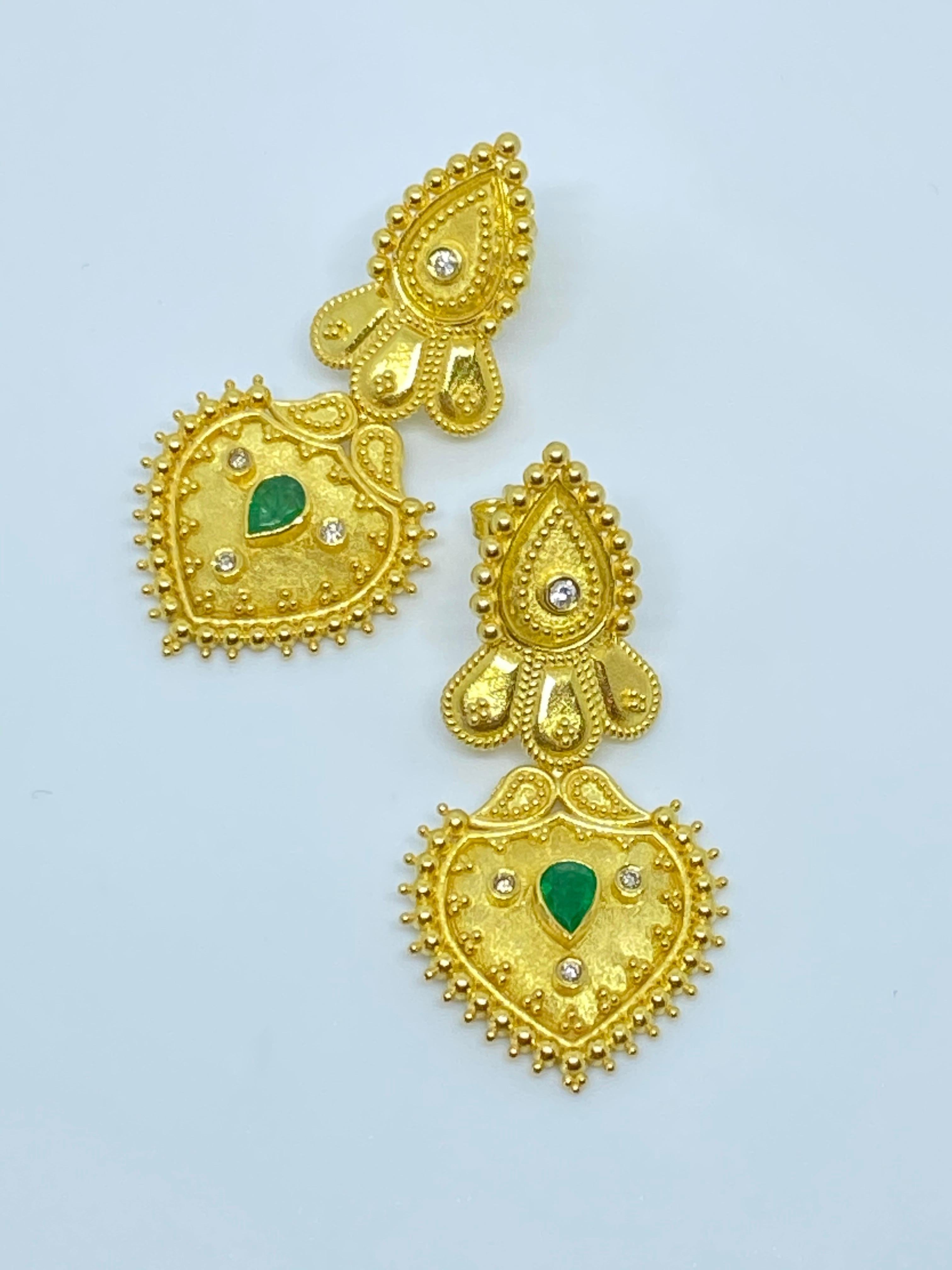 Byzantine Georgios Collections 18 Karat Yellow Gold Diamond and Emerald Drop Earrings For Sale