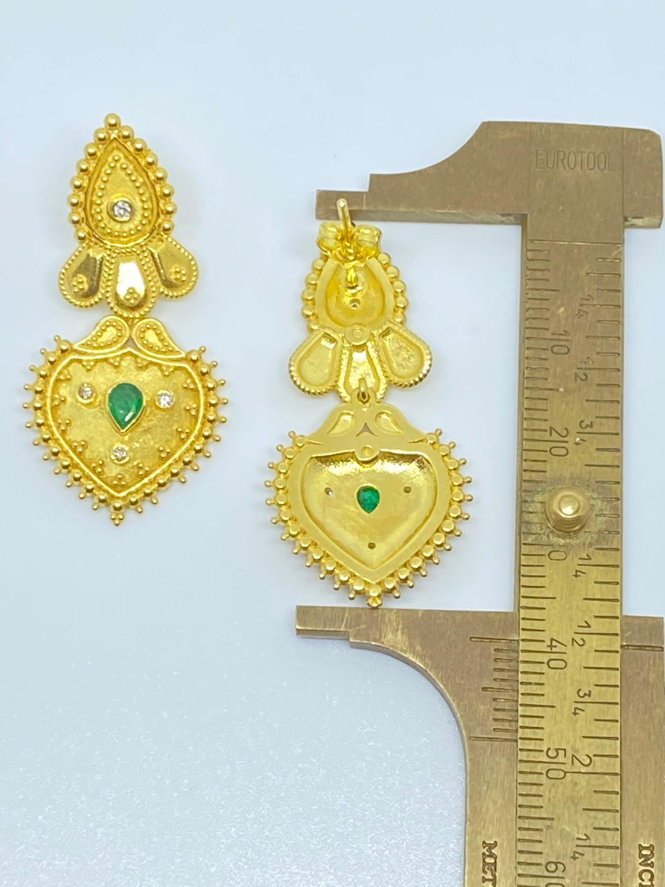 Georgios Collections 18 Karat Yellow Gold Diamond and Emerald Drop Earrings For Sale 5