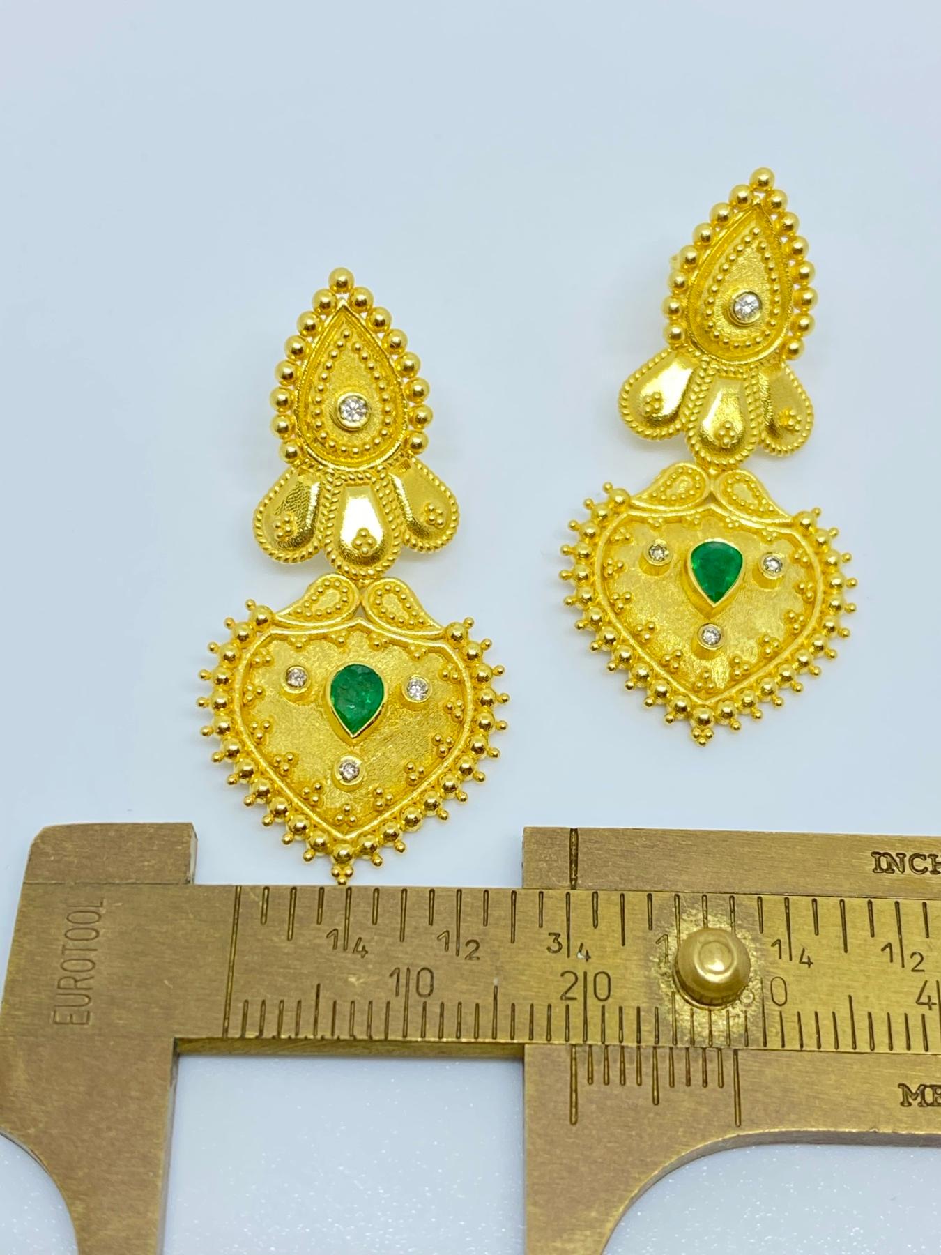 Georgios Collections 18 Karat Yellow Gold Diamond and Emerald Drop Earrings For Sale 6