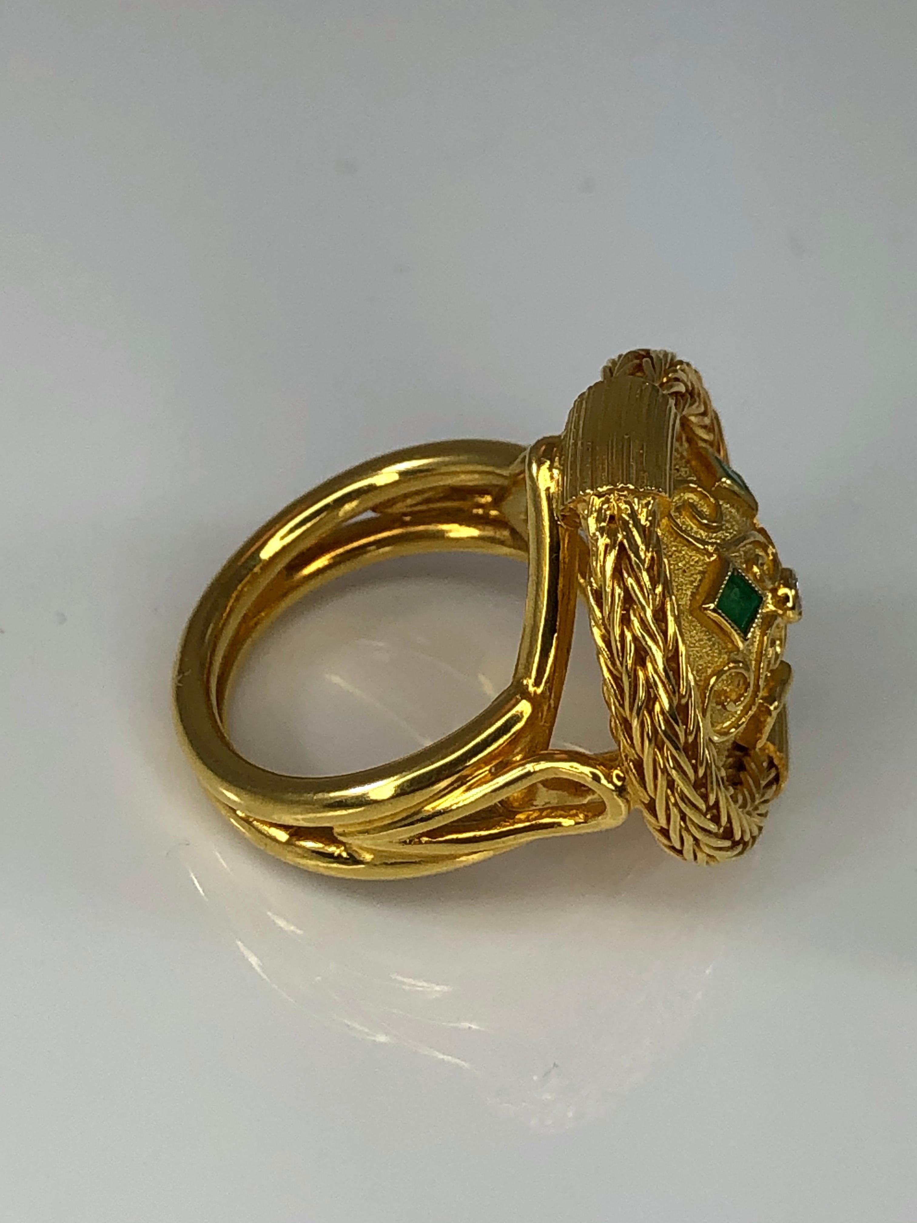 Princess Cut Georgios Collections 18 Karat Yellow Gold Diamond and Emerald Knitted Ring For Sale